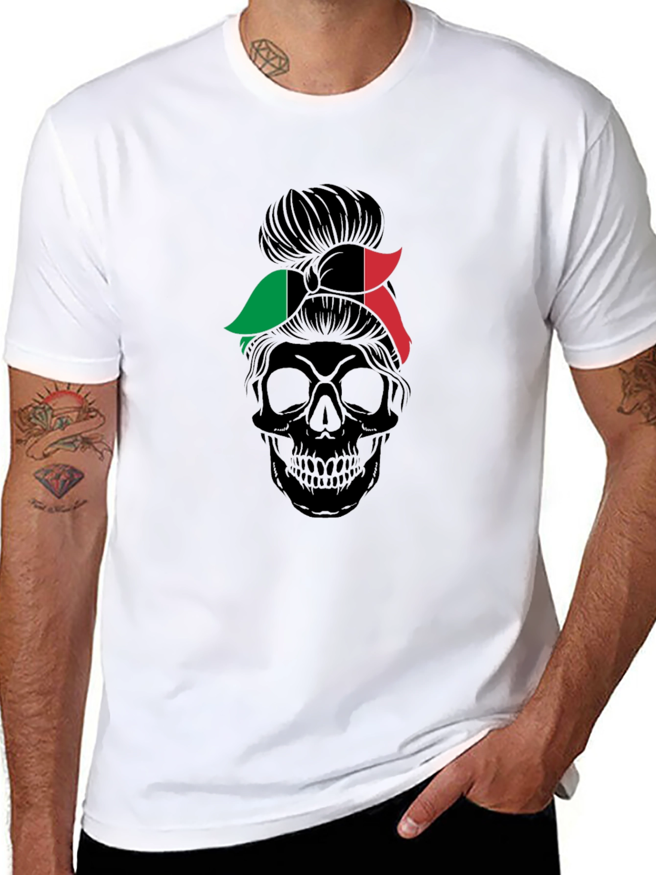 Italian Flag Messy Bun Skull T-Shirt