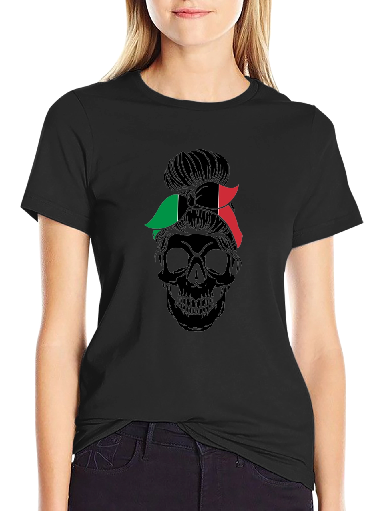 Italian Flag Messy Bun Skull T-Shirt