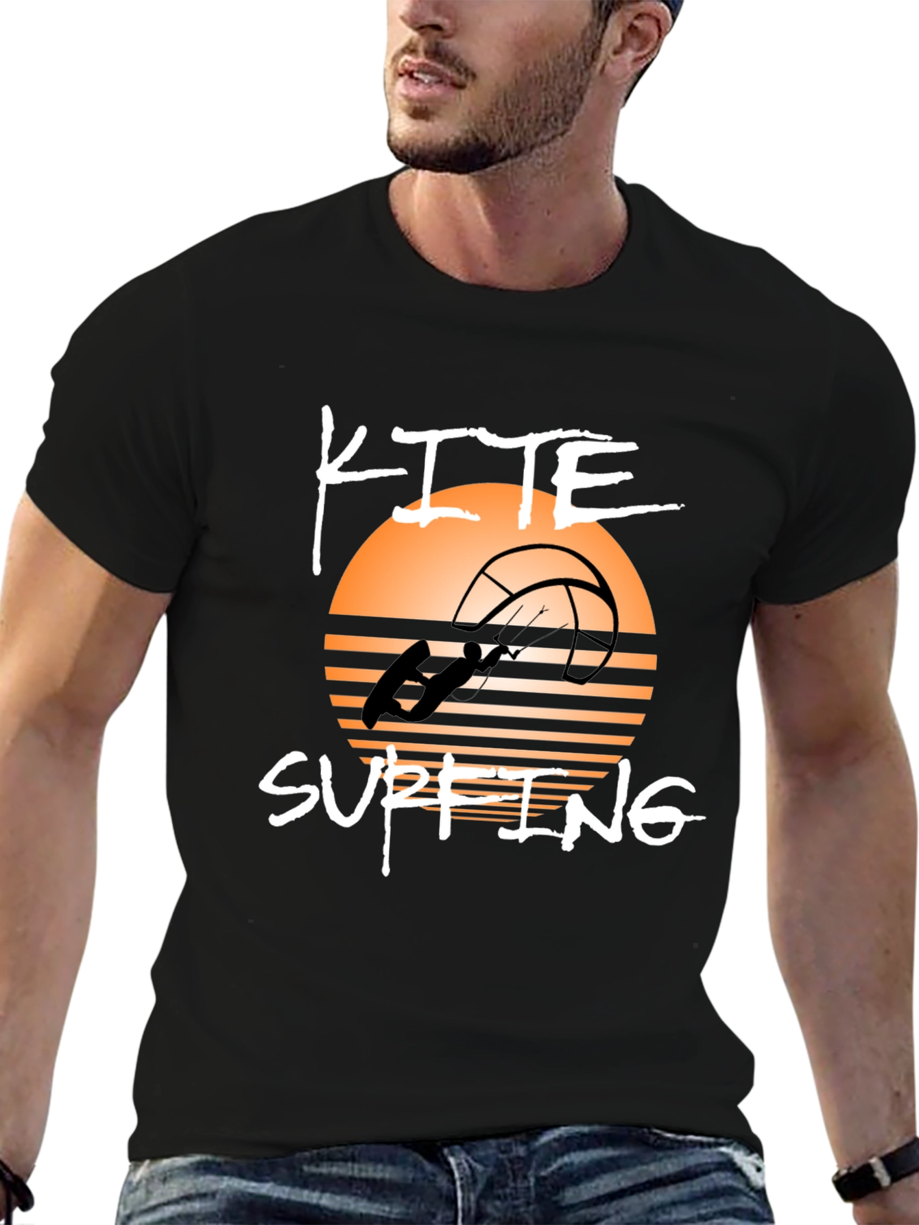 Kite Surfing Graphic Tee - Black Cotton T-Shirt