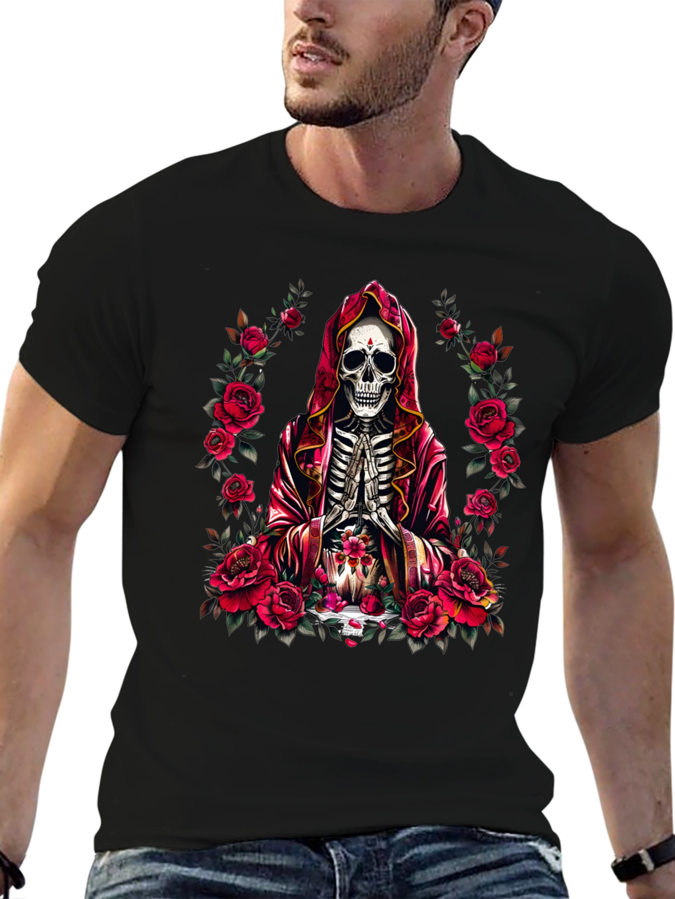 Skeleton Monk Rose T-Shirt - Gothic Style