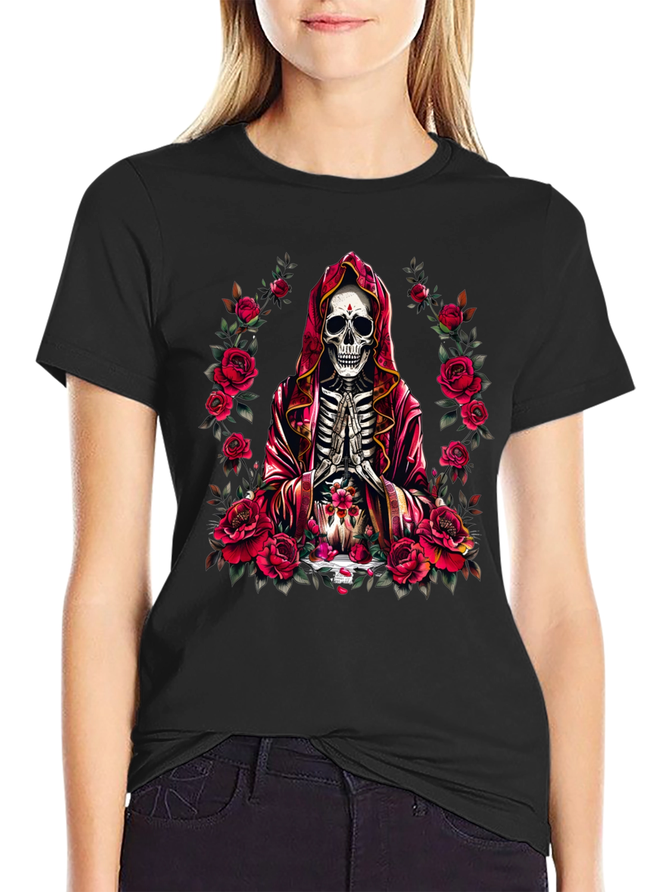 Skeleton Monk Rose T-Shirt - Gothic Style