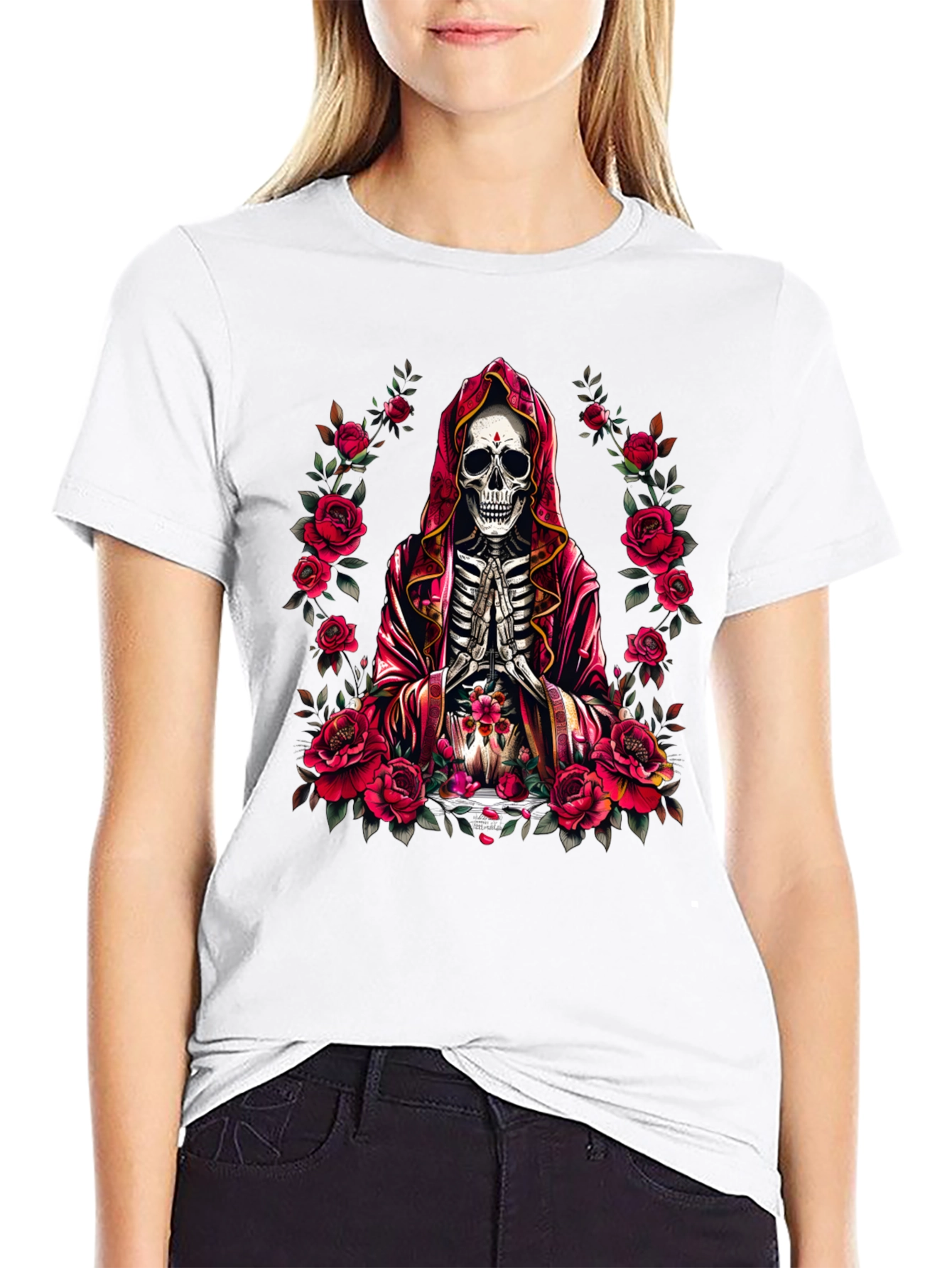 Skeleton Monk Rose T-Shirt - Gothic Style