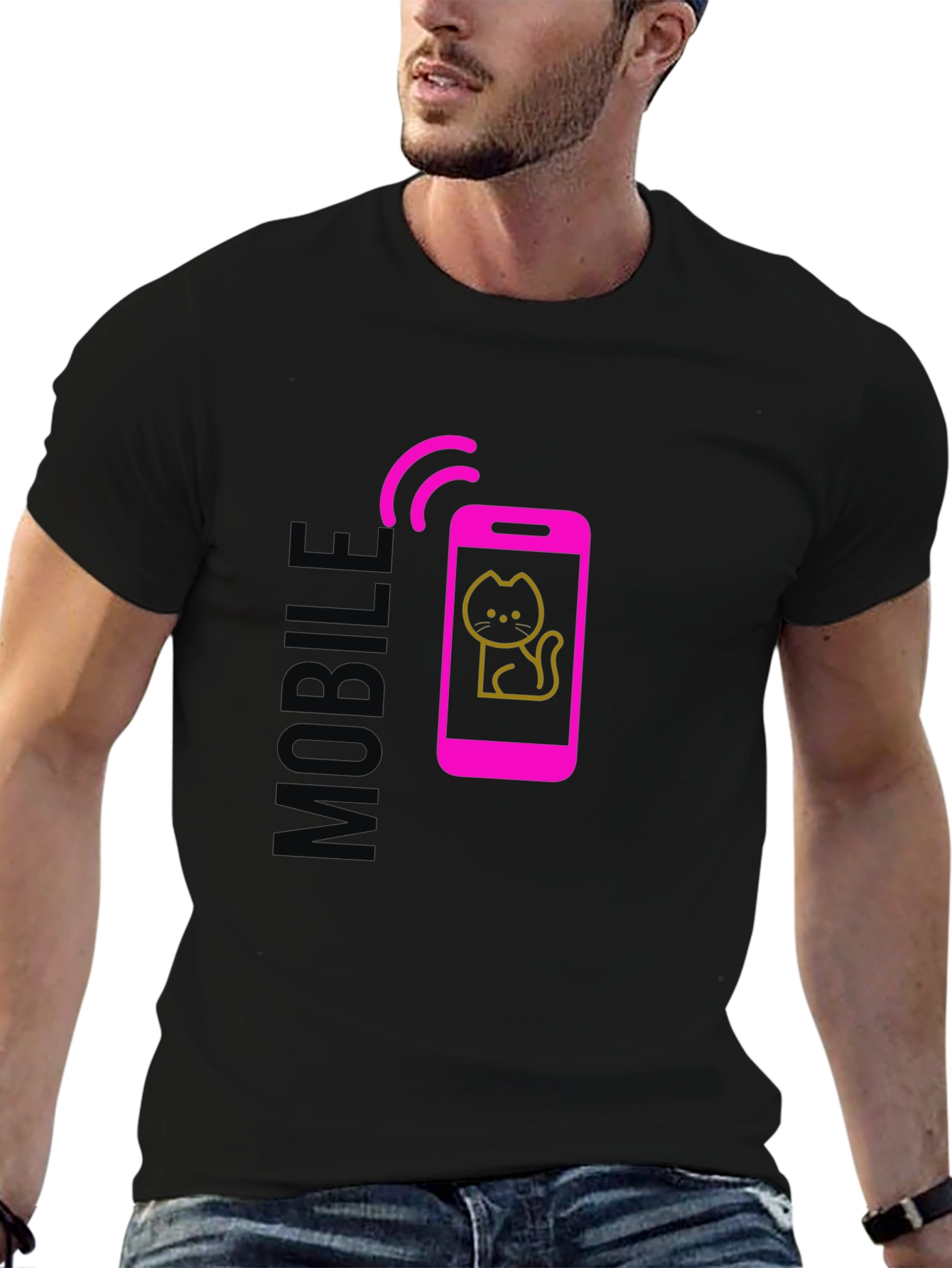 Mobile Cat Graphic Tee - Stylish Black T-Shirt