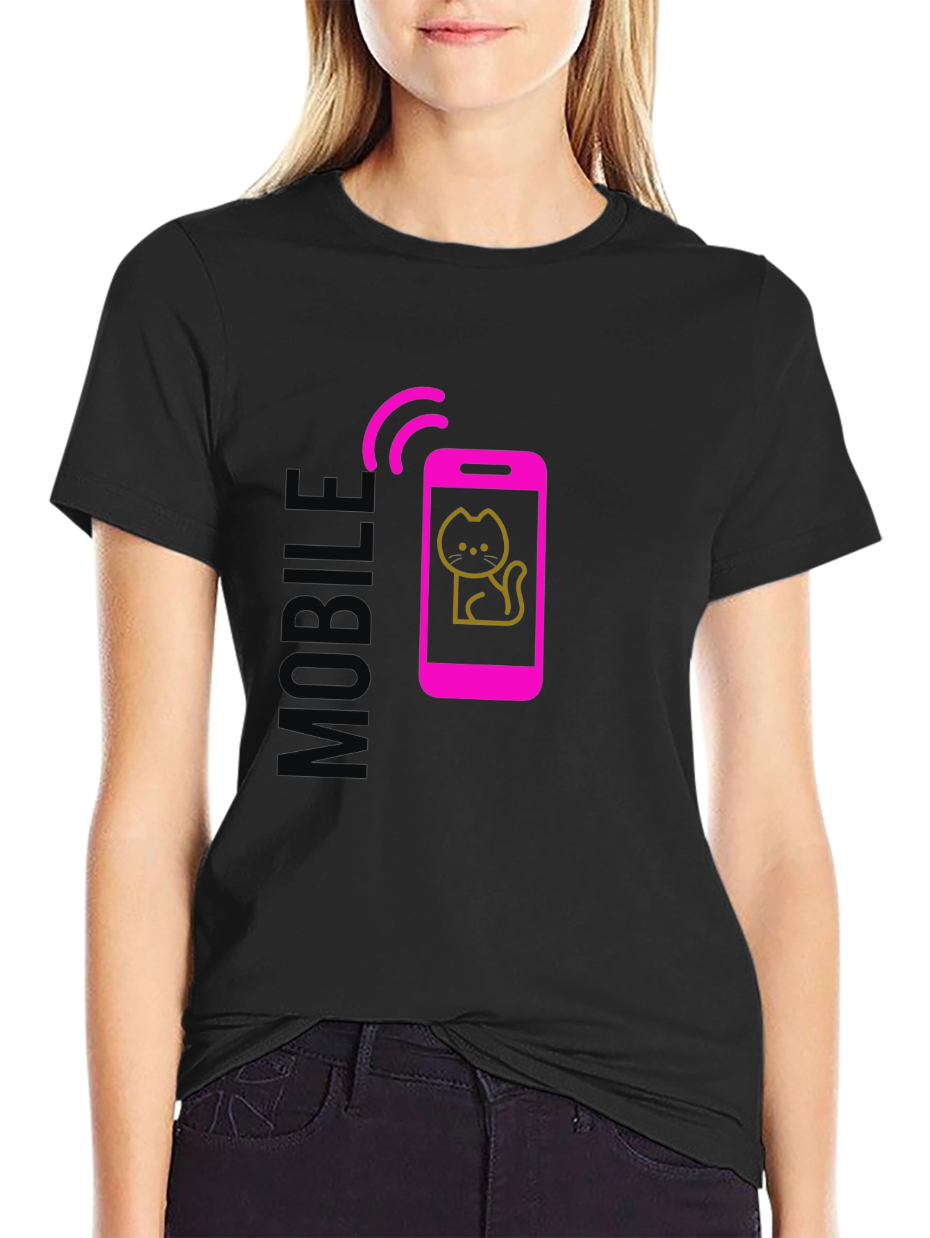 Mobile Cat Graphic Tee - Stylish Black T-Shirt