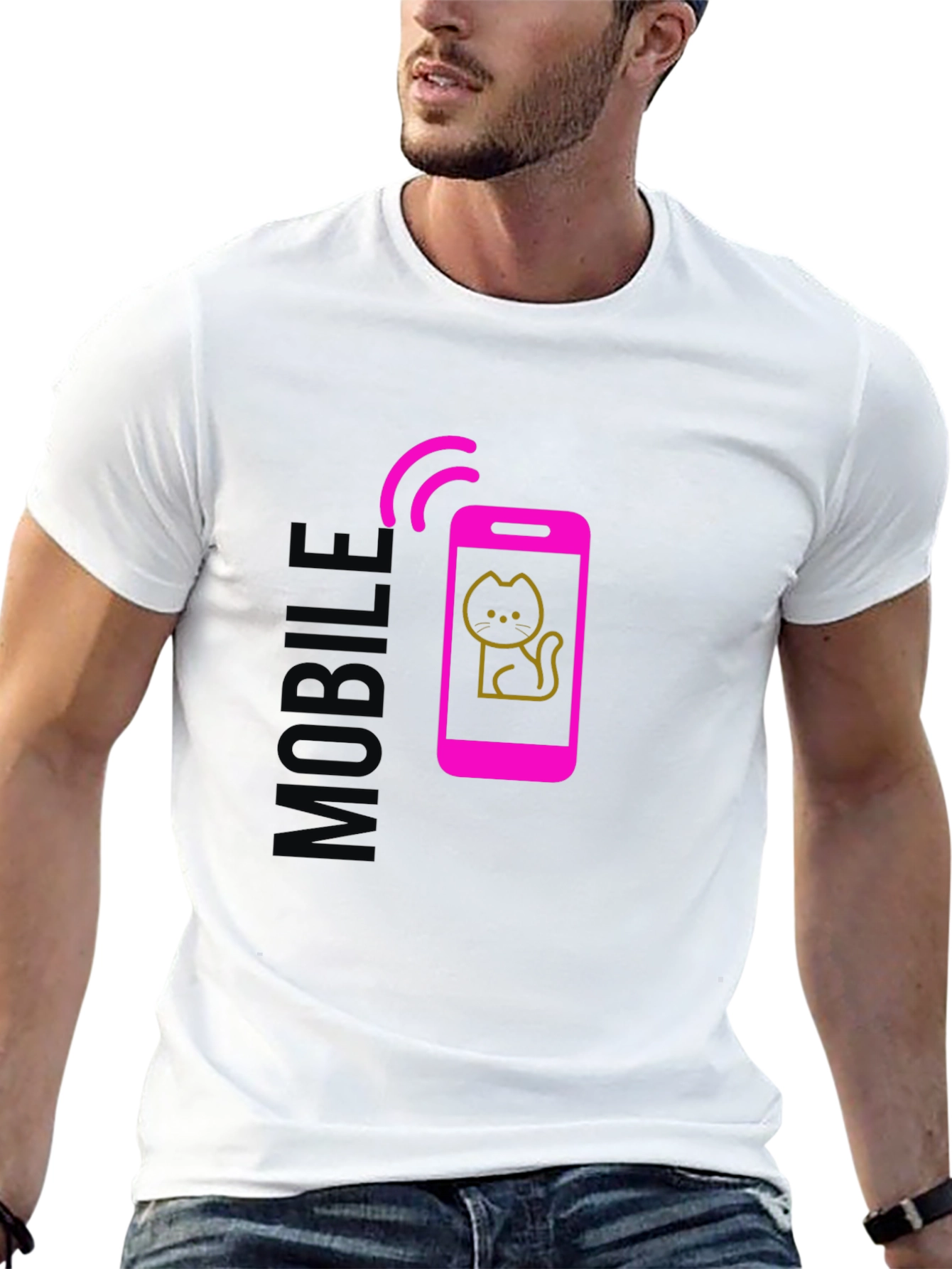 Mobile Cat Graphic Tee - Stylish Black T-Shirt