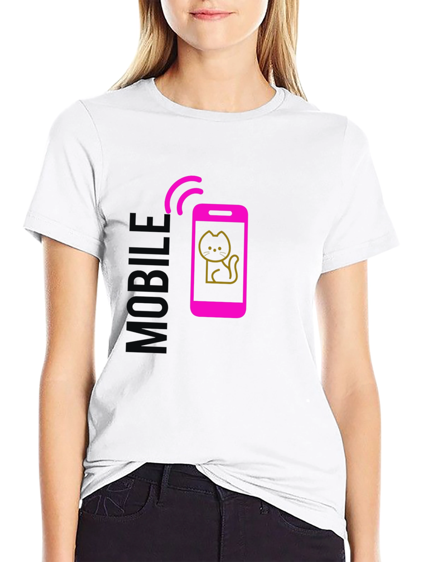 Mobile Cat Graphic Tee - Stylish Black T-Shirt