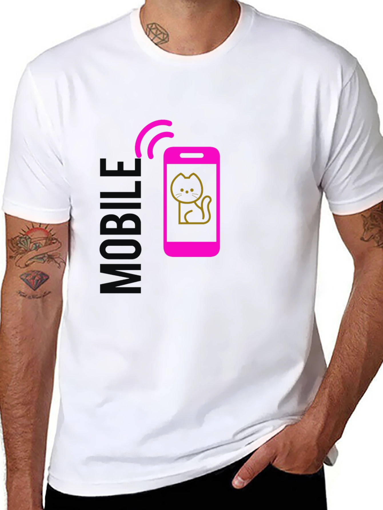 Mobile Cat Graphic Tee - Stylish Black T-Shirt