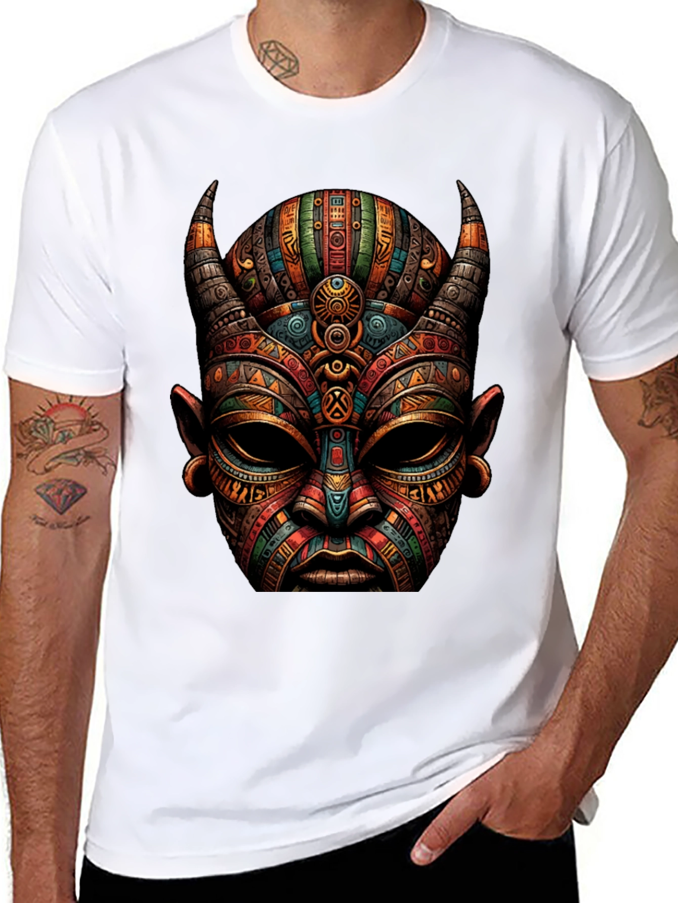 Tribal Mask Graphic Tee - Unique Design