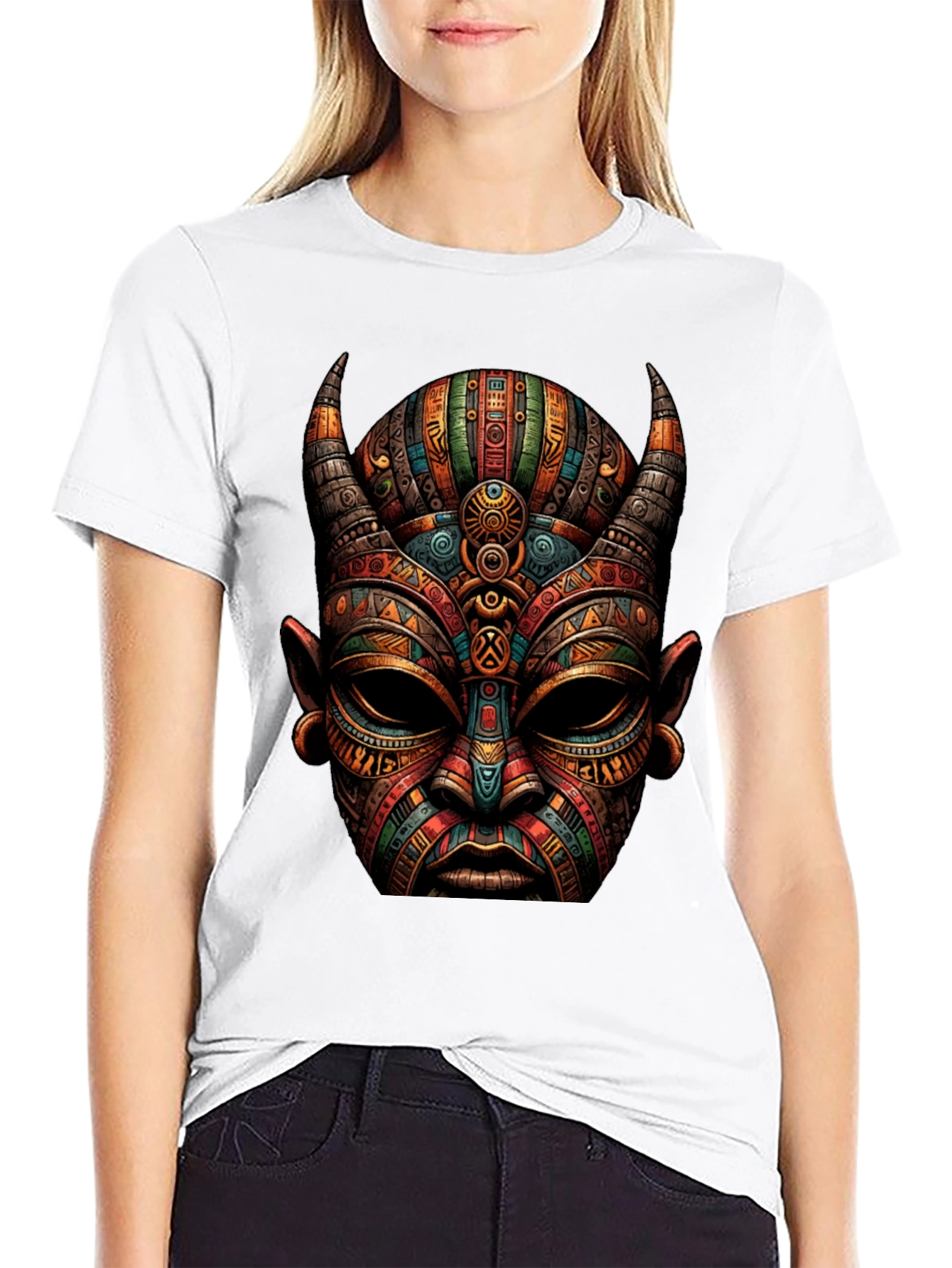 Tribal Mask Graphic Tee - Unique Design