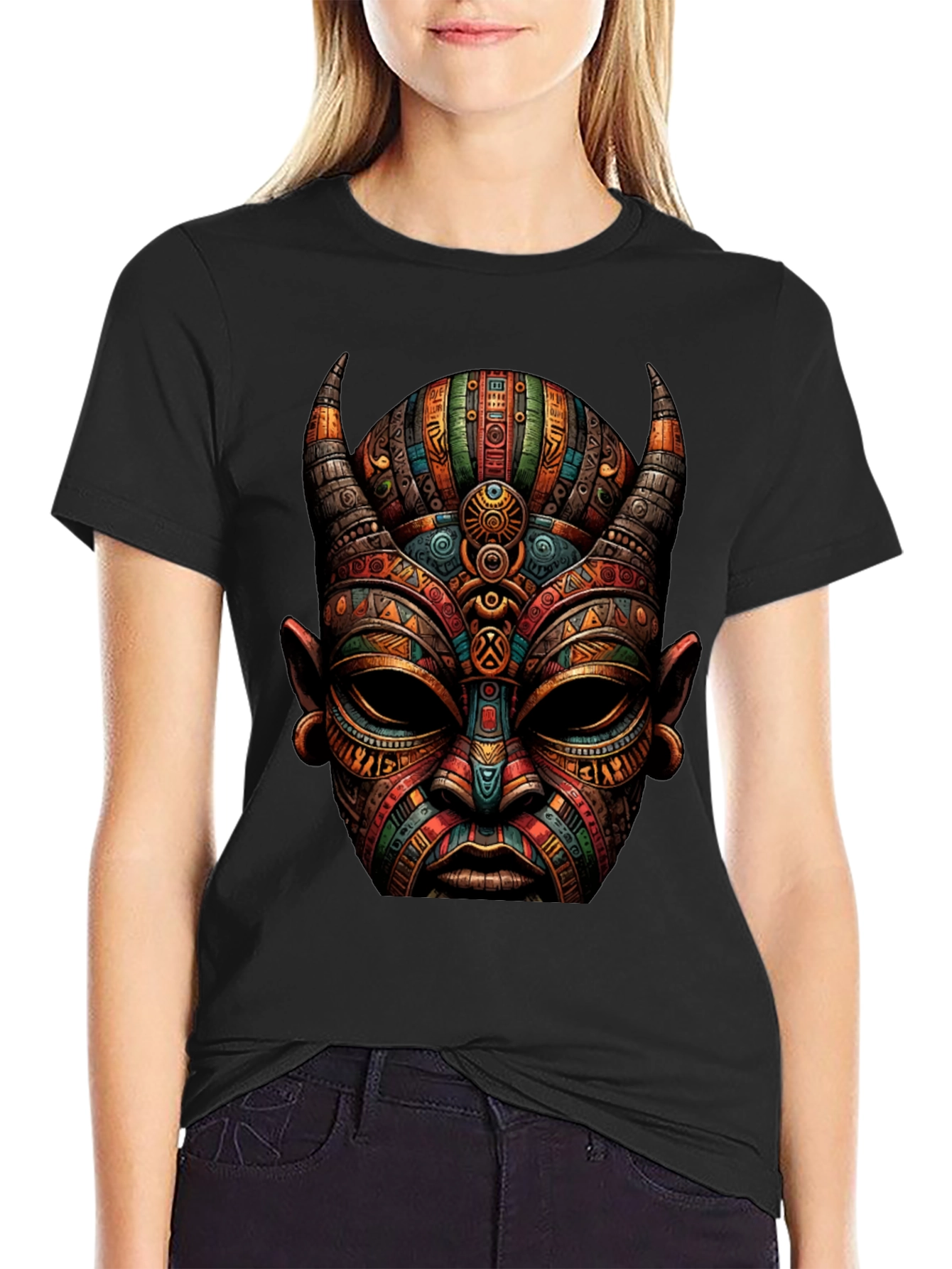 Tribal Mask Graphic Tee - Unique Design