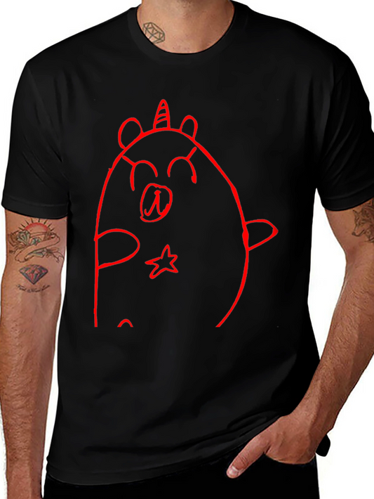 Mens Black T-Shirt with Red Unicorn Bear Graphic