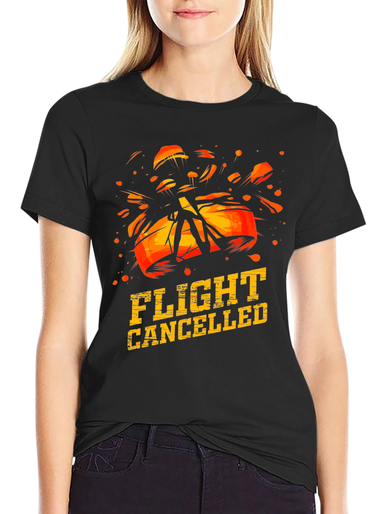 Flight Cancelled Graphic T-Shirt - Black Crew Neck Tee