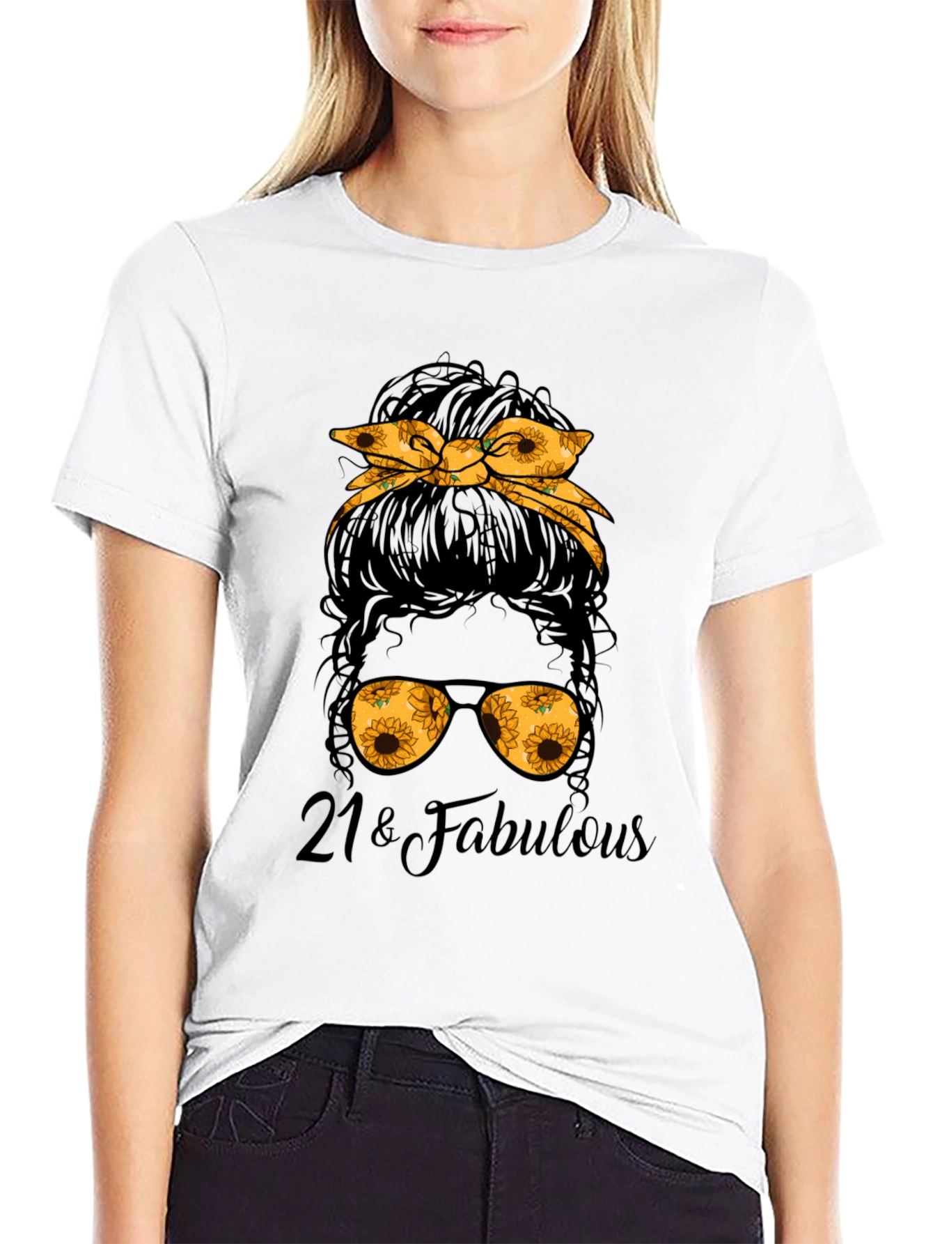 21 & Fabulous Messy Bun Sunflower Graphic Tee