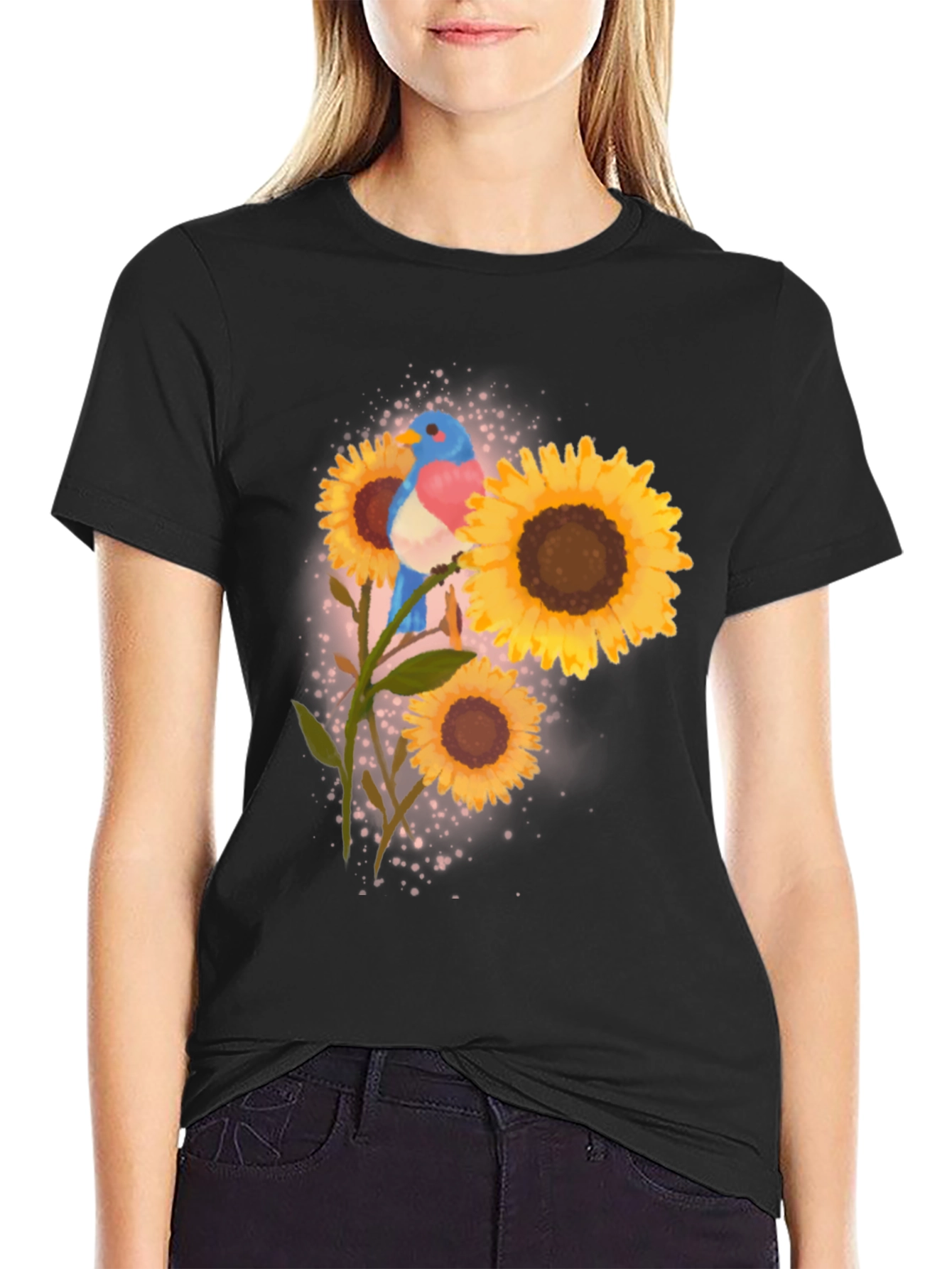 Bird and Sunflower Graphic Tee - Black