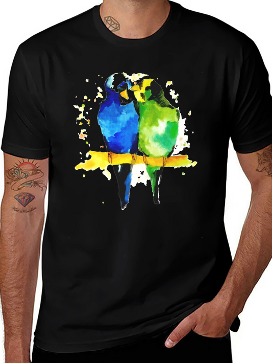 Parrot Couple Watercolor Black T-Shirt