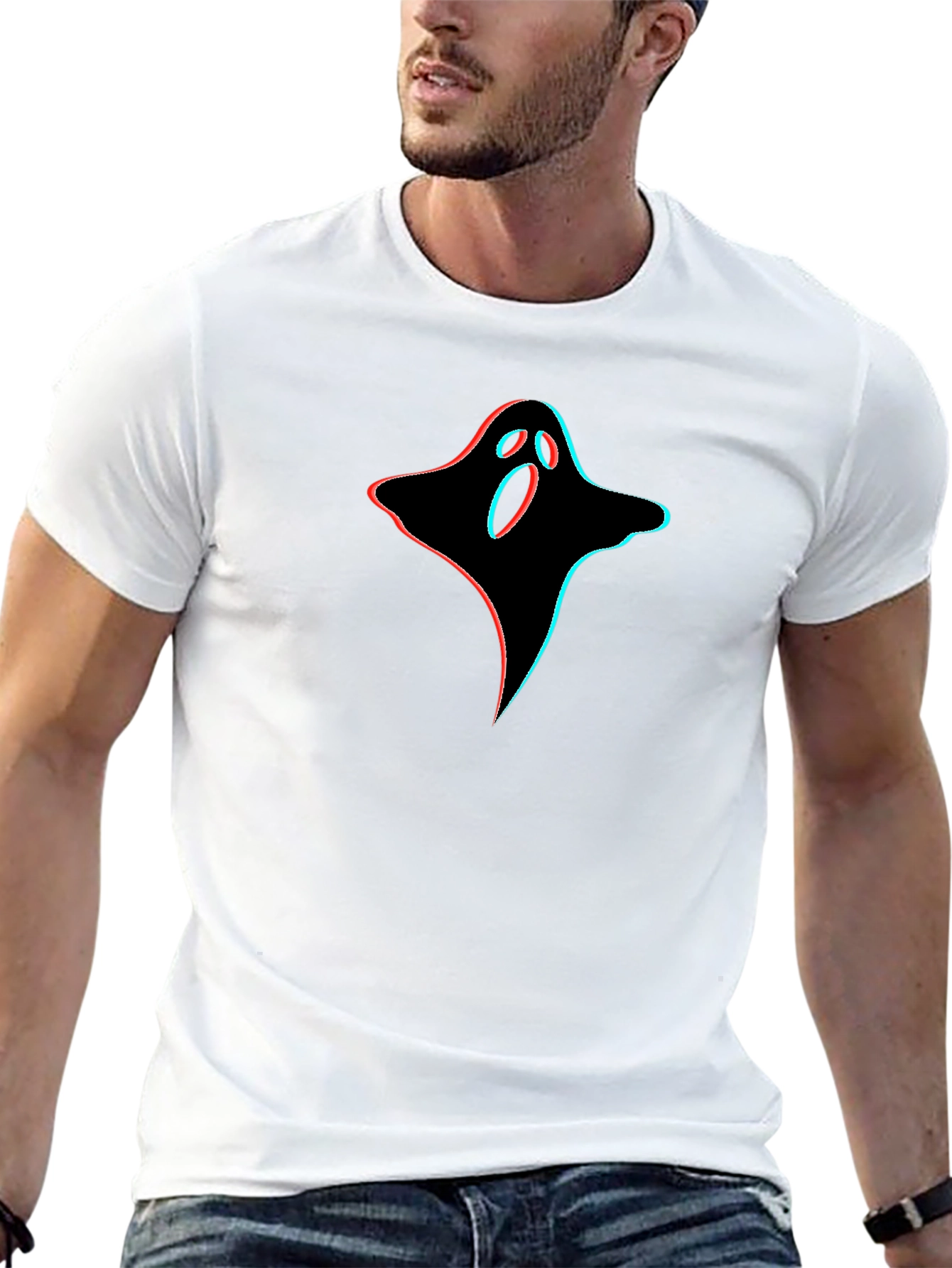 Spooky 3D Ghost Graphic Tee - Black Cotton T-Shirt