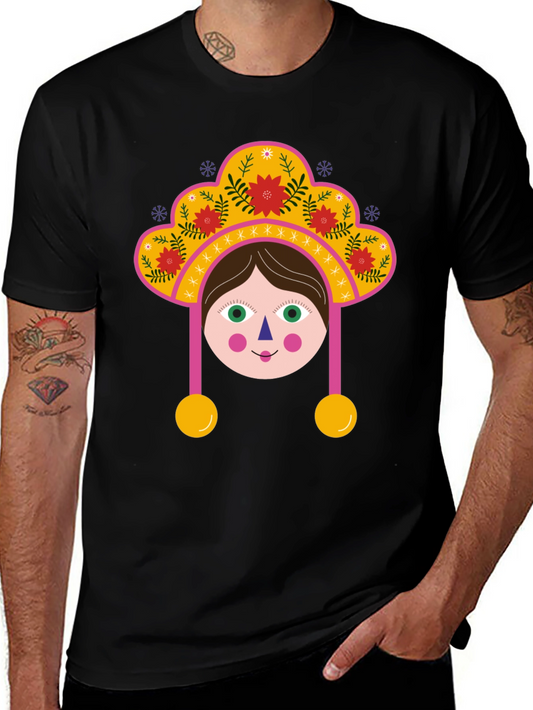 Whimsical Folk Art Girl Graphic Tee - Black