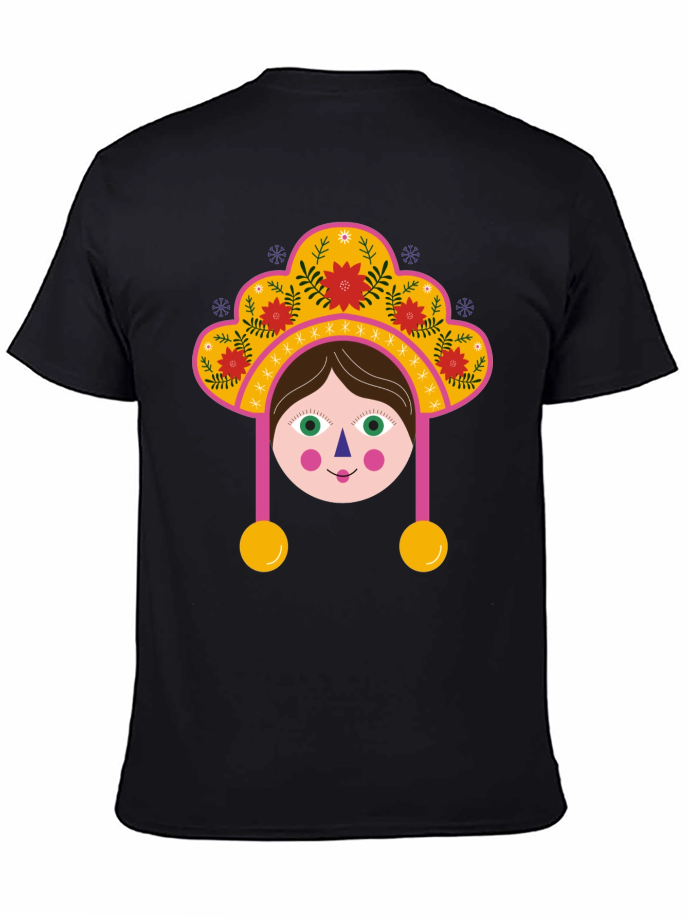 Whimsical Folk Art Girl Graphic Tee - Black