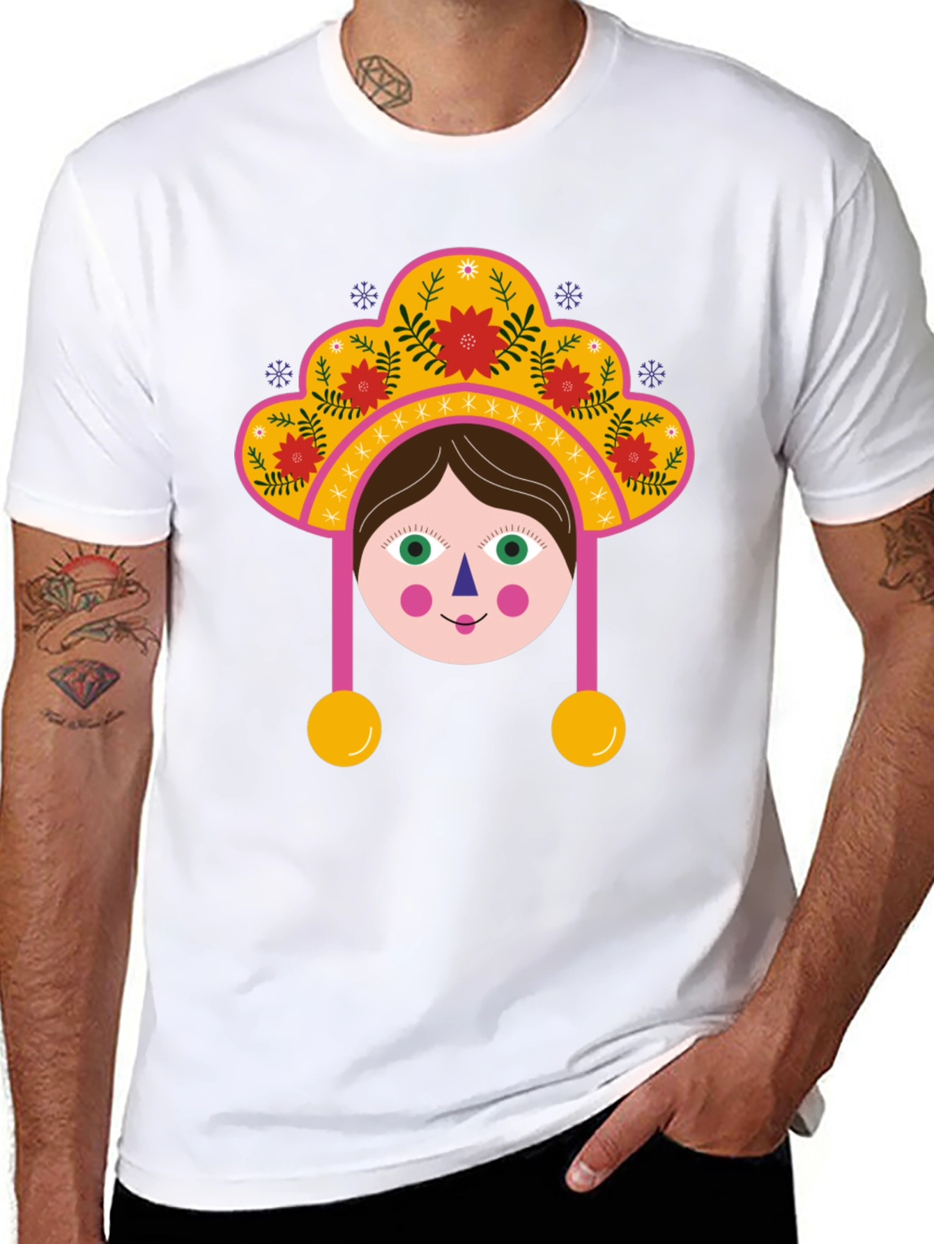 Whimsical Folk Art Girl Graphic Tee - Black