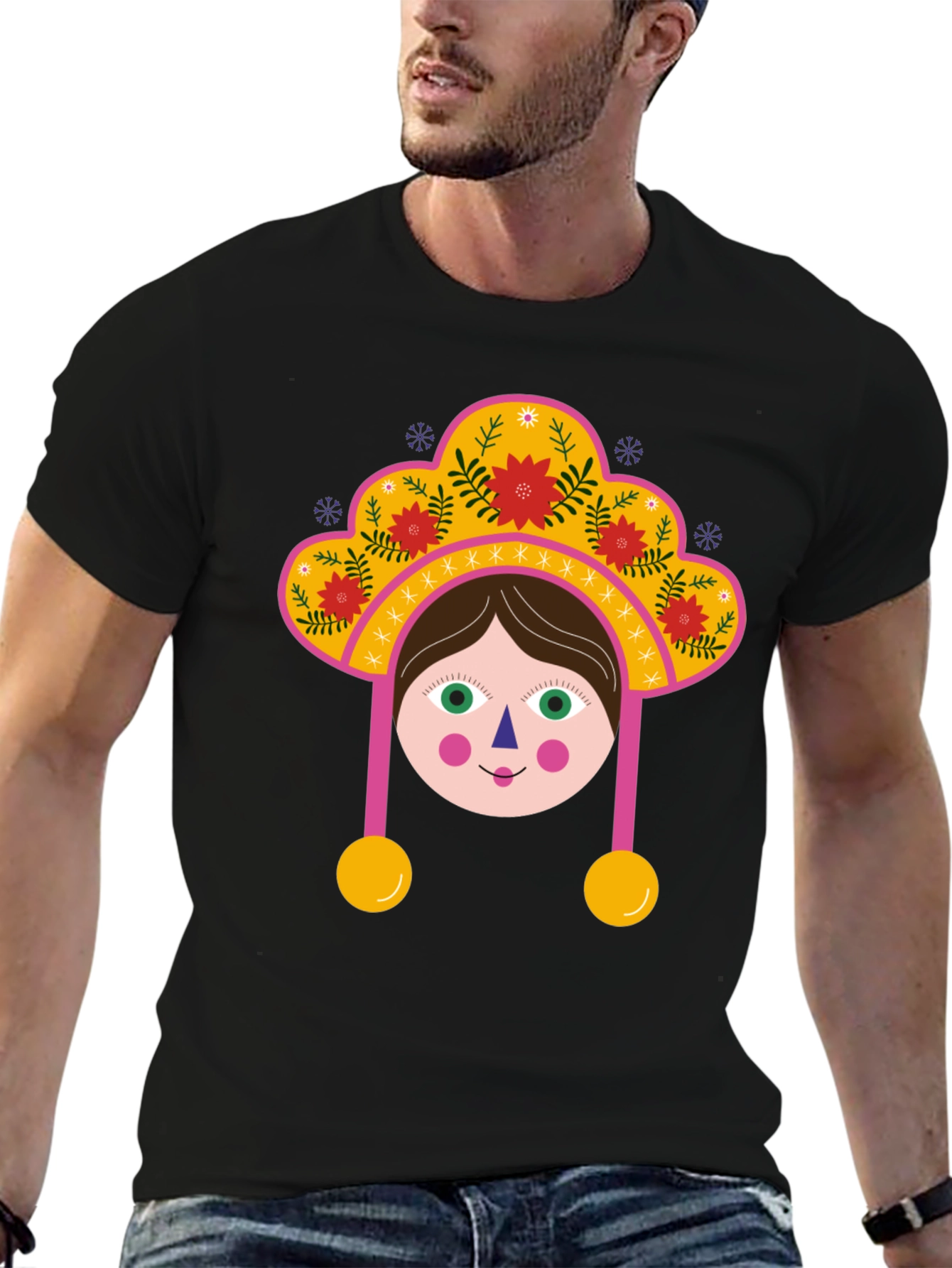 Whimsical Folk Art Girl Graphic Tee - Black