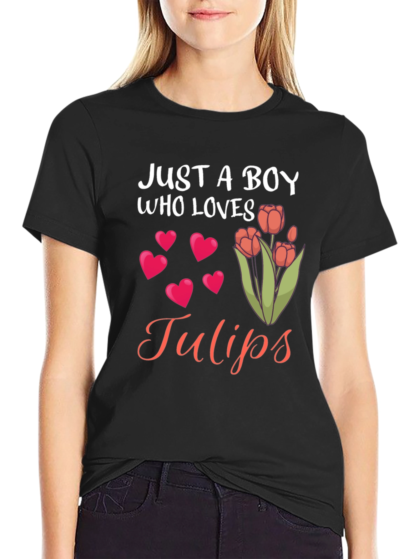 Just a Boy Who Loves Tulips Black T-Shirt