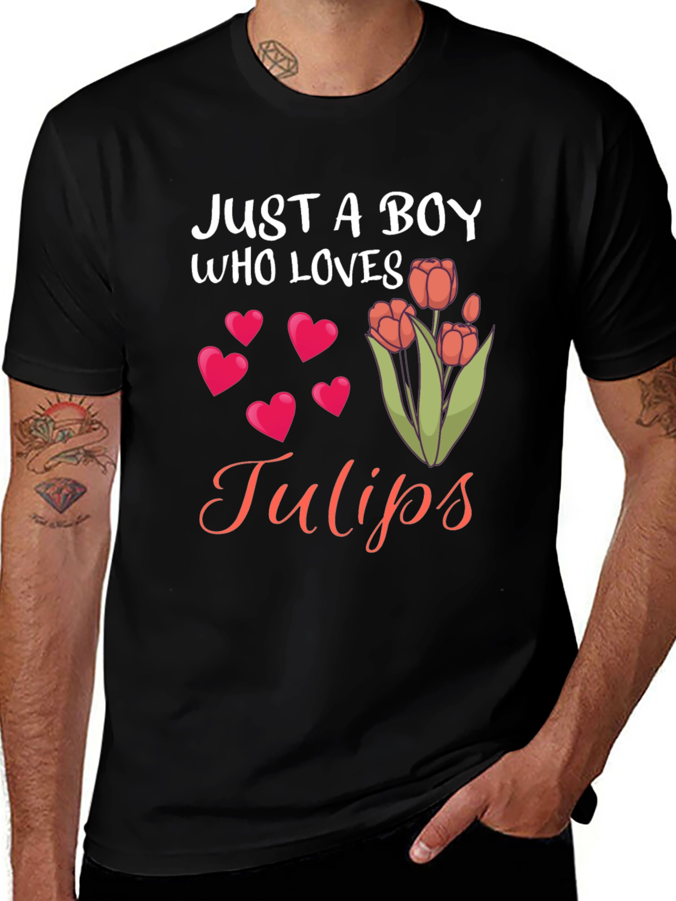 Just a Boy Who Loves Tulips Black T-Shirt