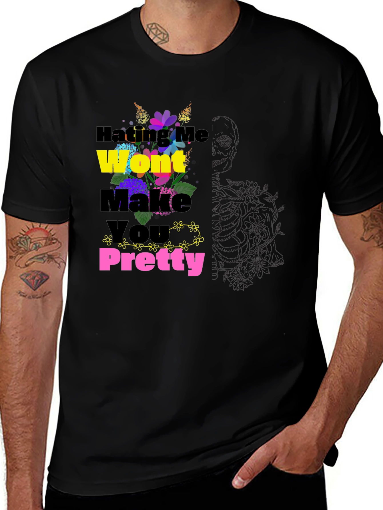 Floral Slogan Black T-Shirt