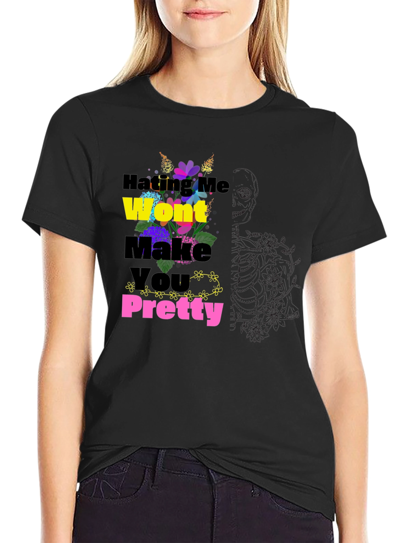 Floral Slogan Black T-Shirt
