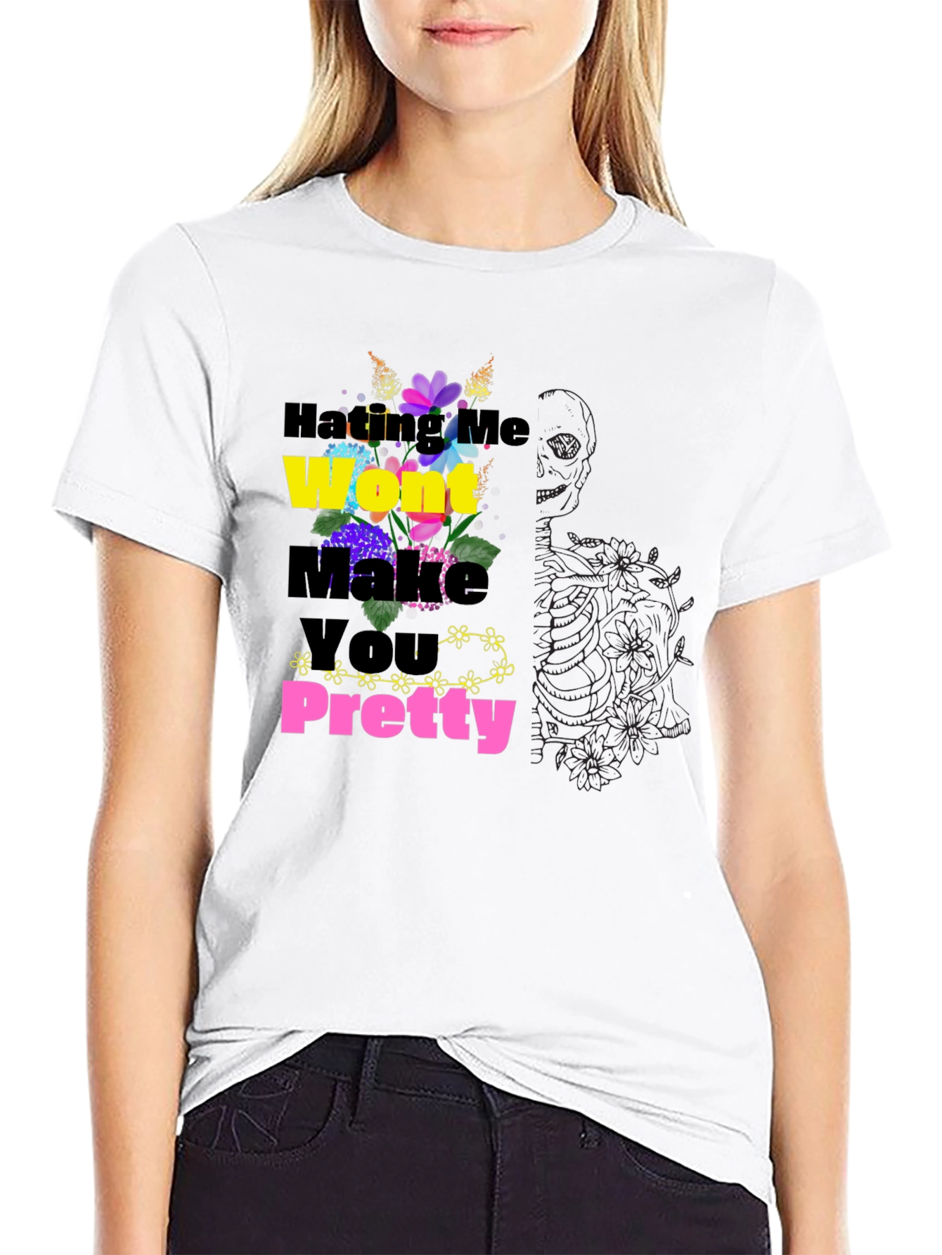 Floral Slogan Black T-Shirt