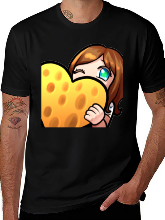 Cartoon Cheese Heart Graphic Black T-Shirt