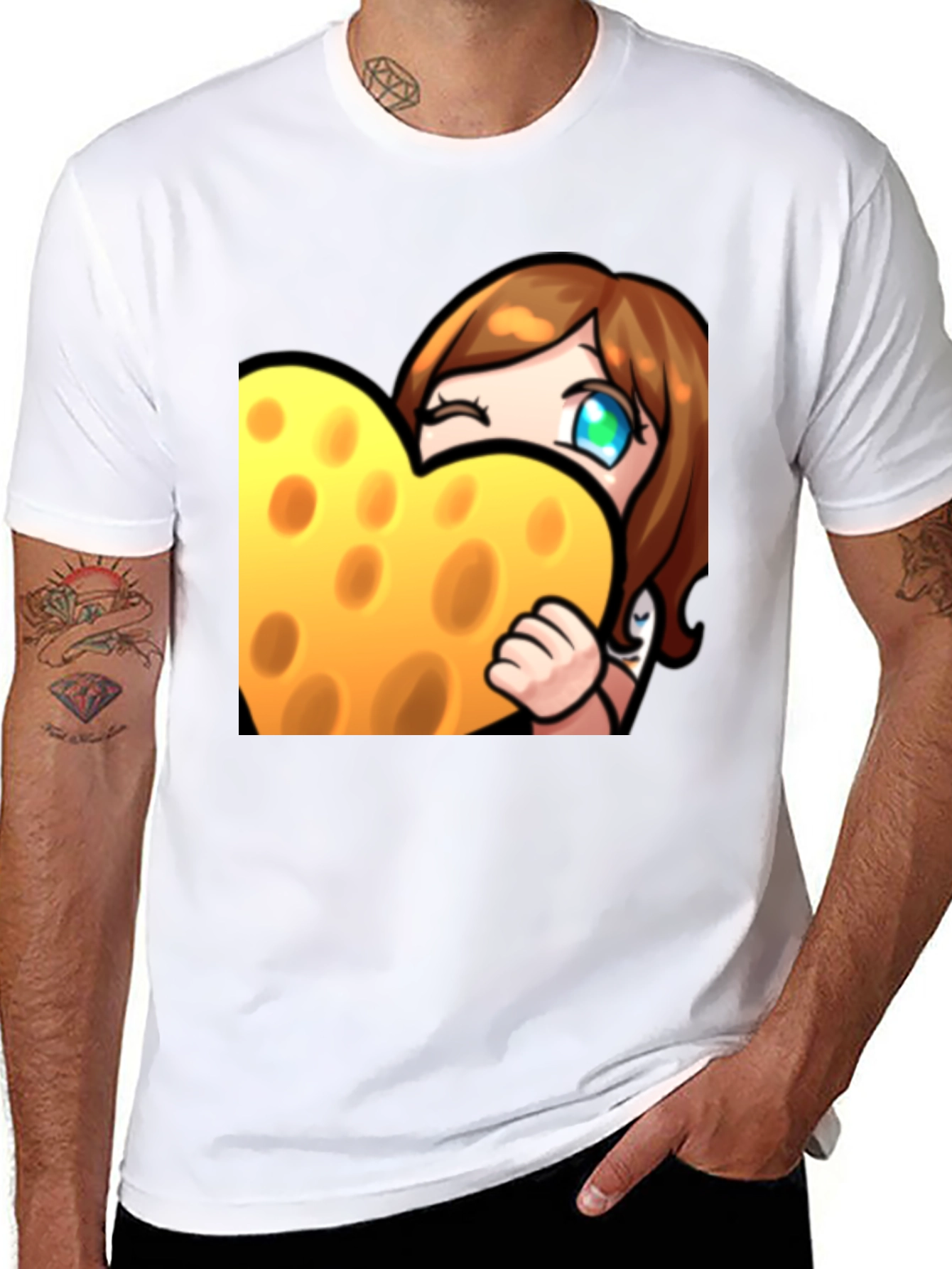 Cartoon Cheese Heart Graphic Black T-Shirt