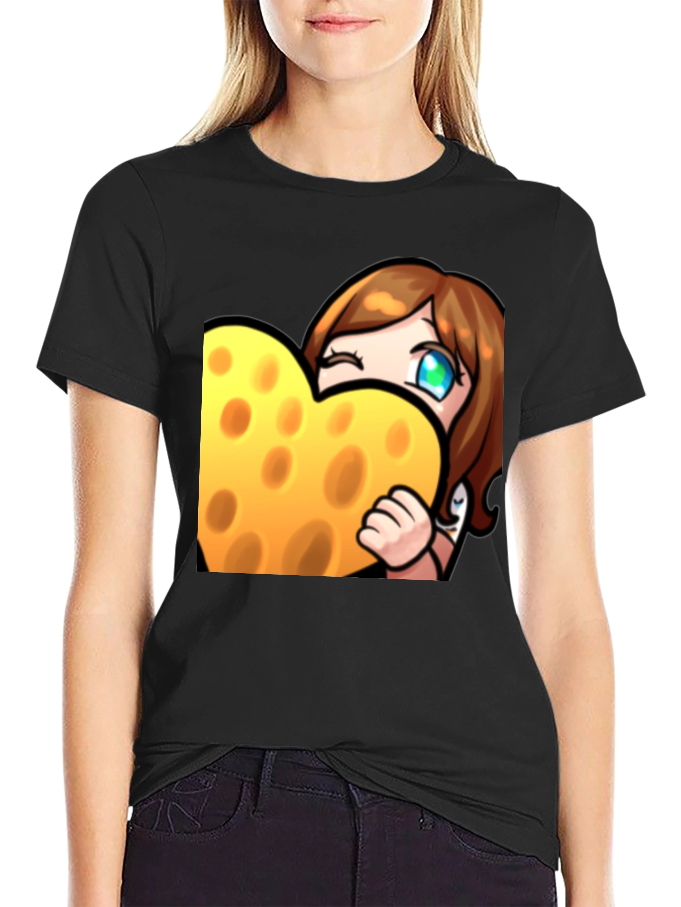 Cartoon Cheese Heart Graphic Black T-Shirt