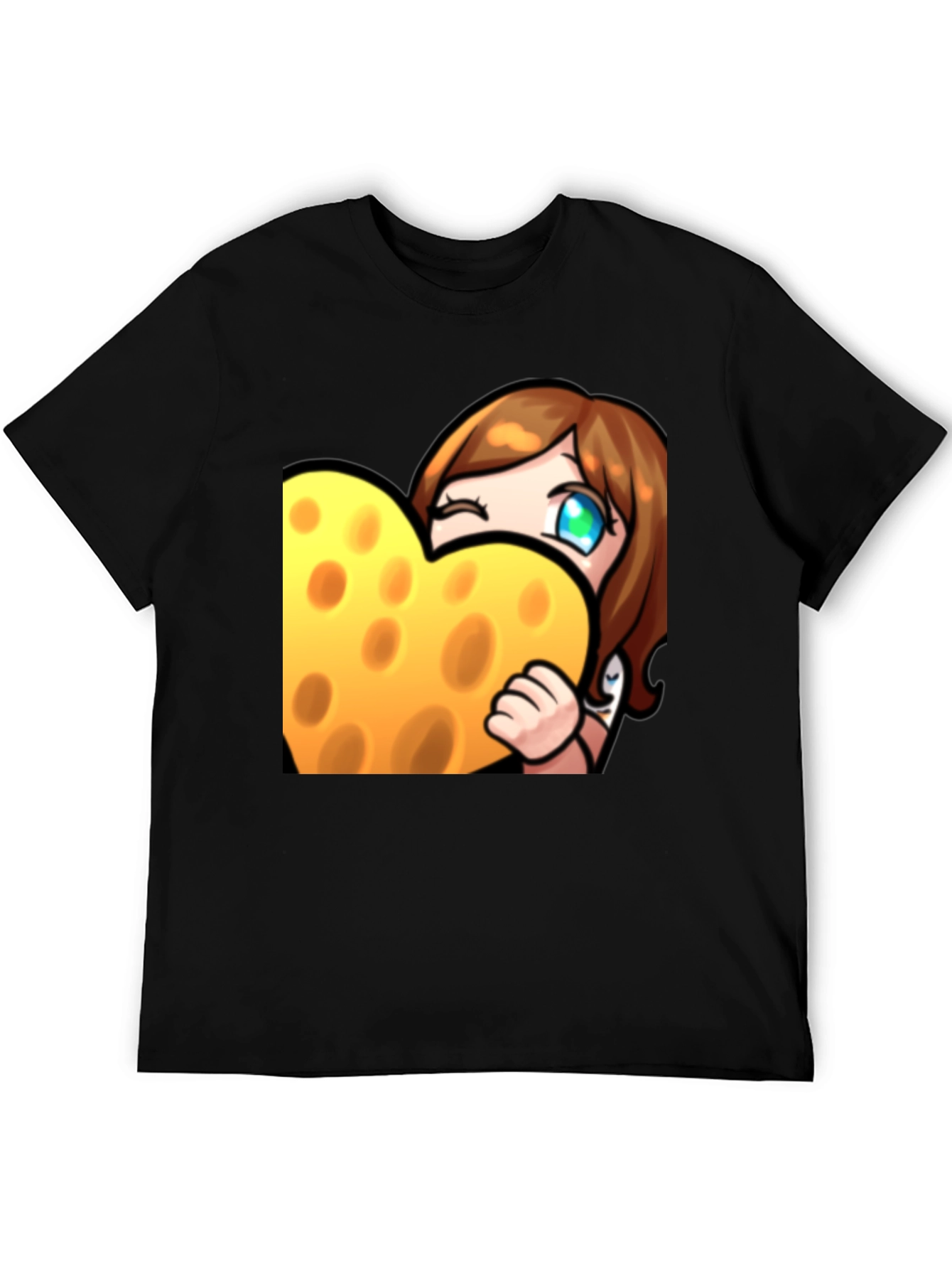 Cartoon Cheese Heart Graphic Black T-Shirt