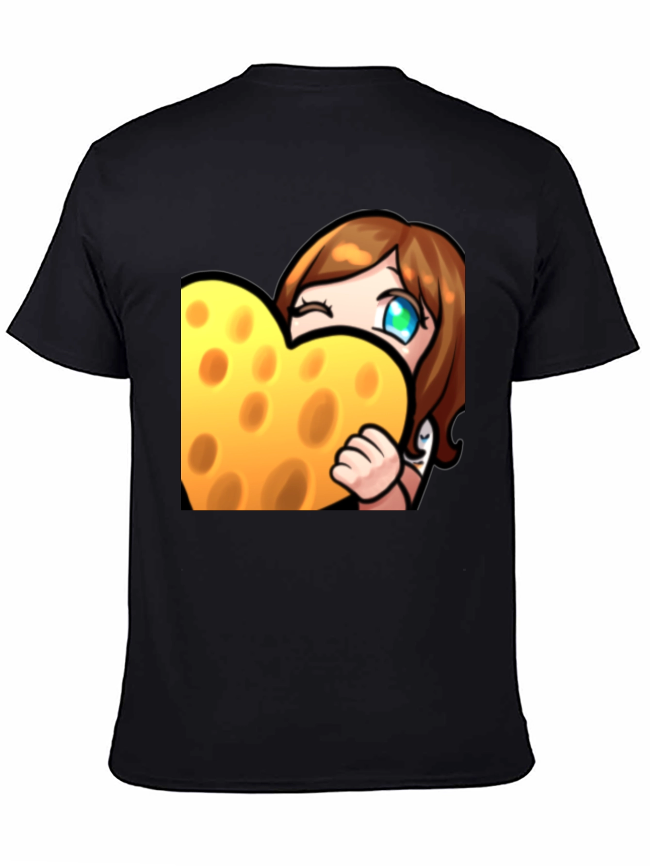 Cartoon Cheese Heart Graphic Black T-Shirt