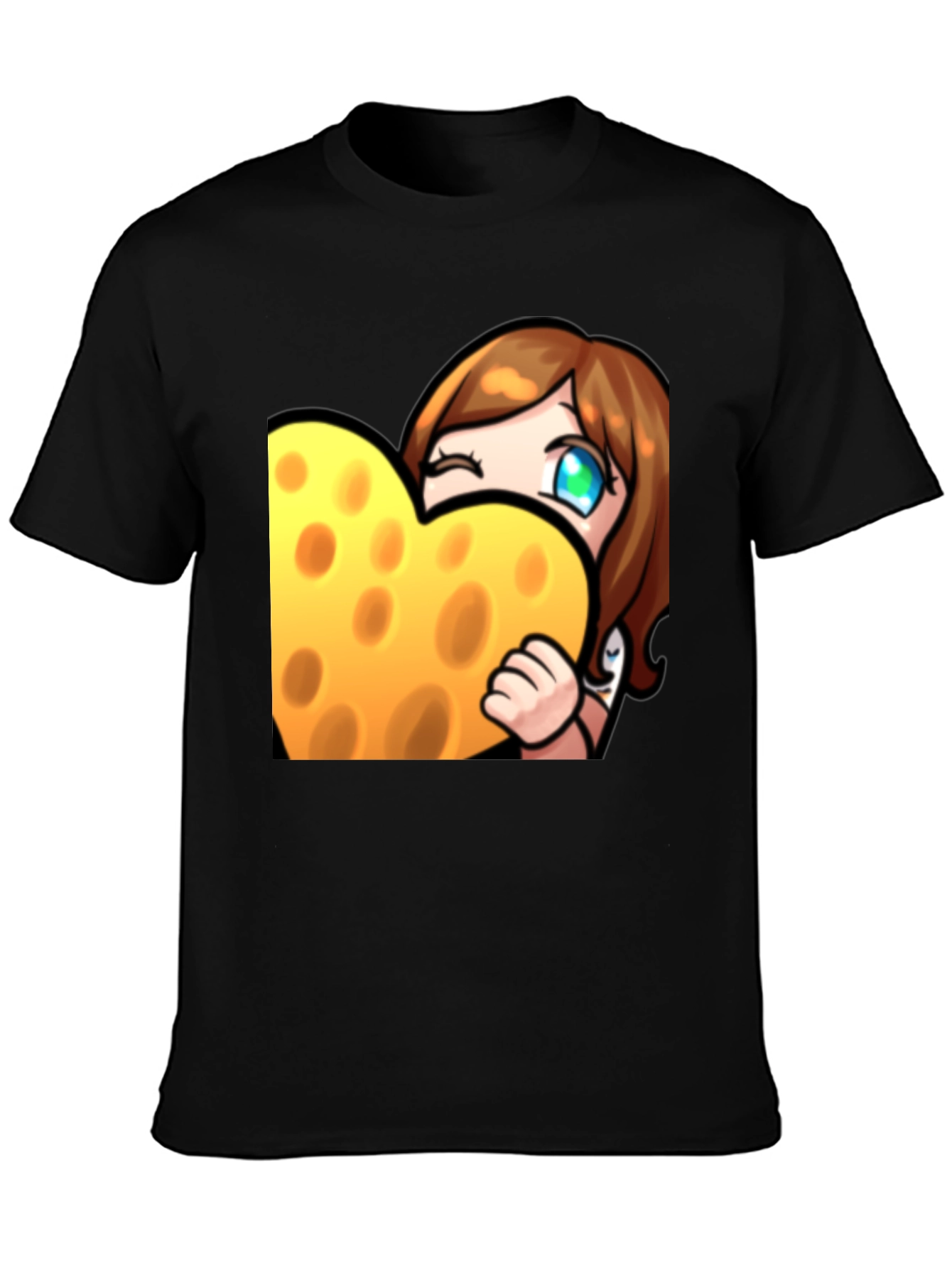 Cartoon Cheese Heart Graphic Black T-Shirt