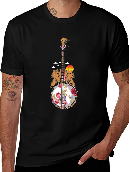 Floral Banjo Graphic T-Shirt - Mountain Sunset Design