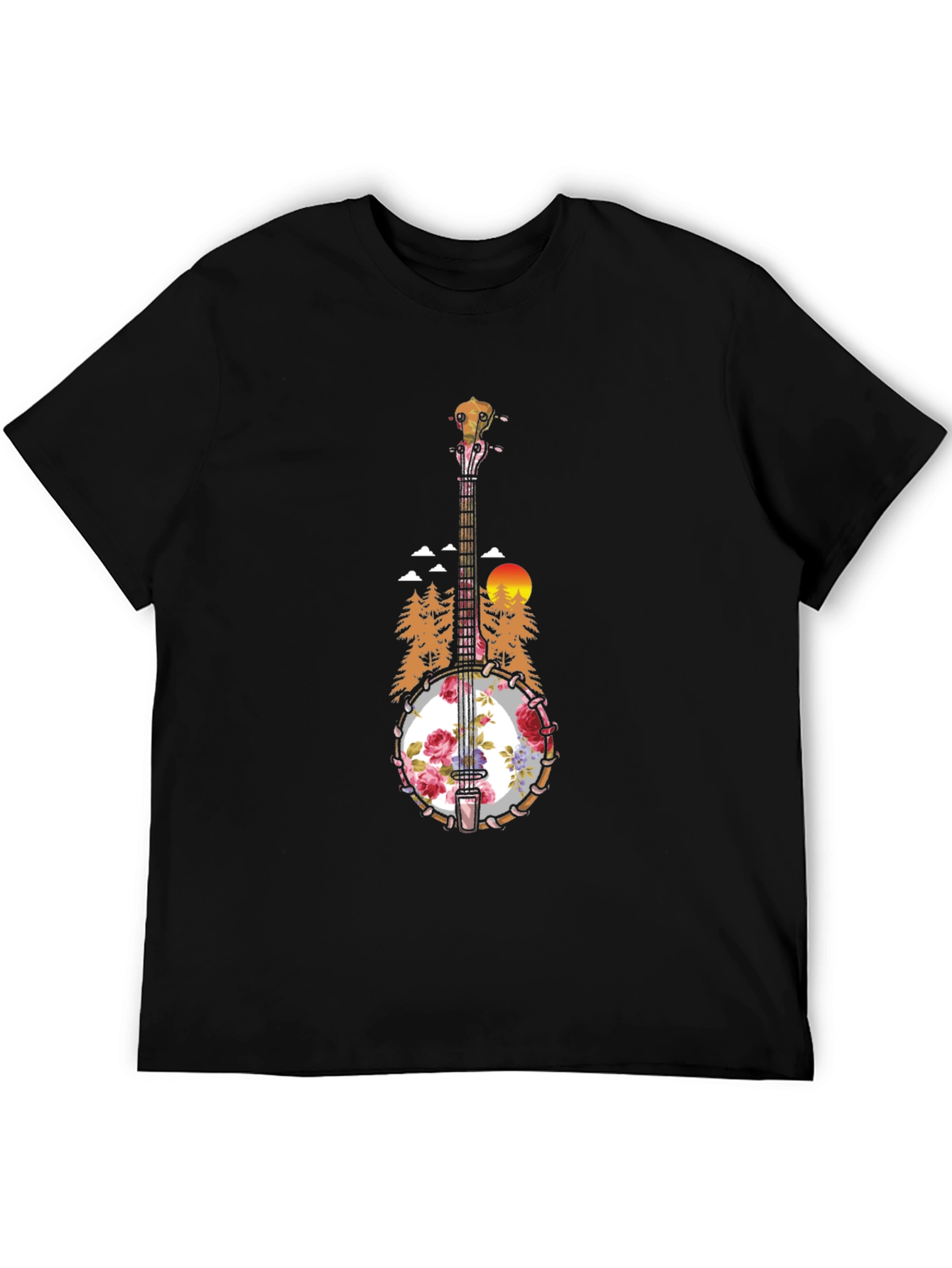 Floral Banjo Graphic T-Shirt - Mountain Sunset Design
