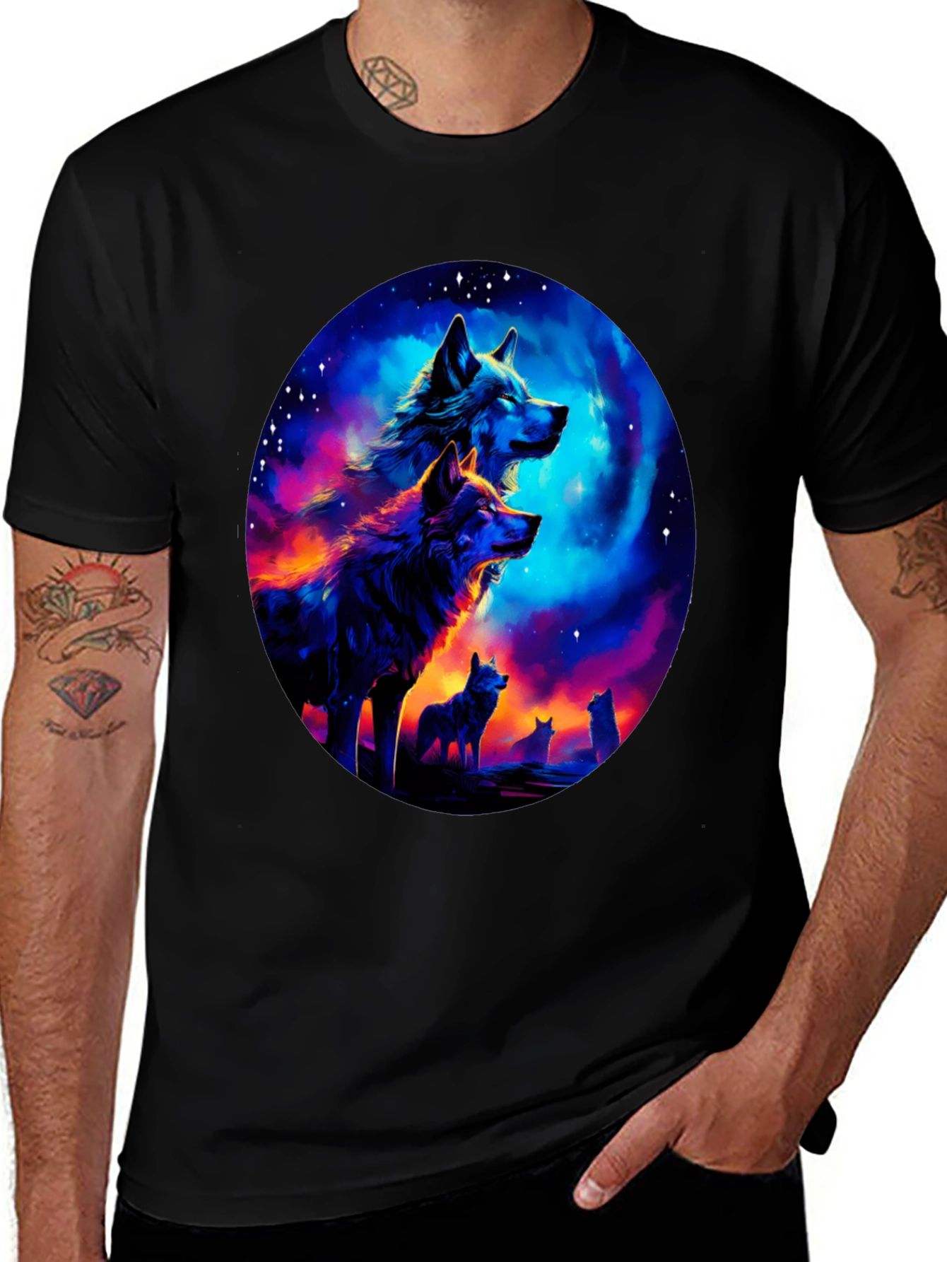 Wolf Pack Galaxy Print Black T-Shirt
