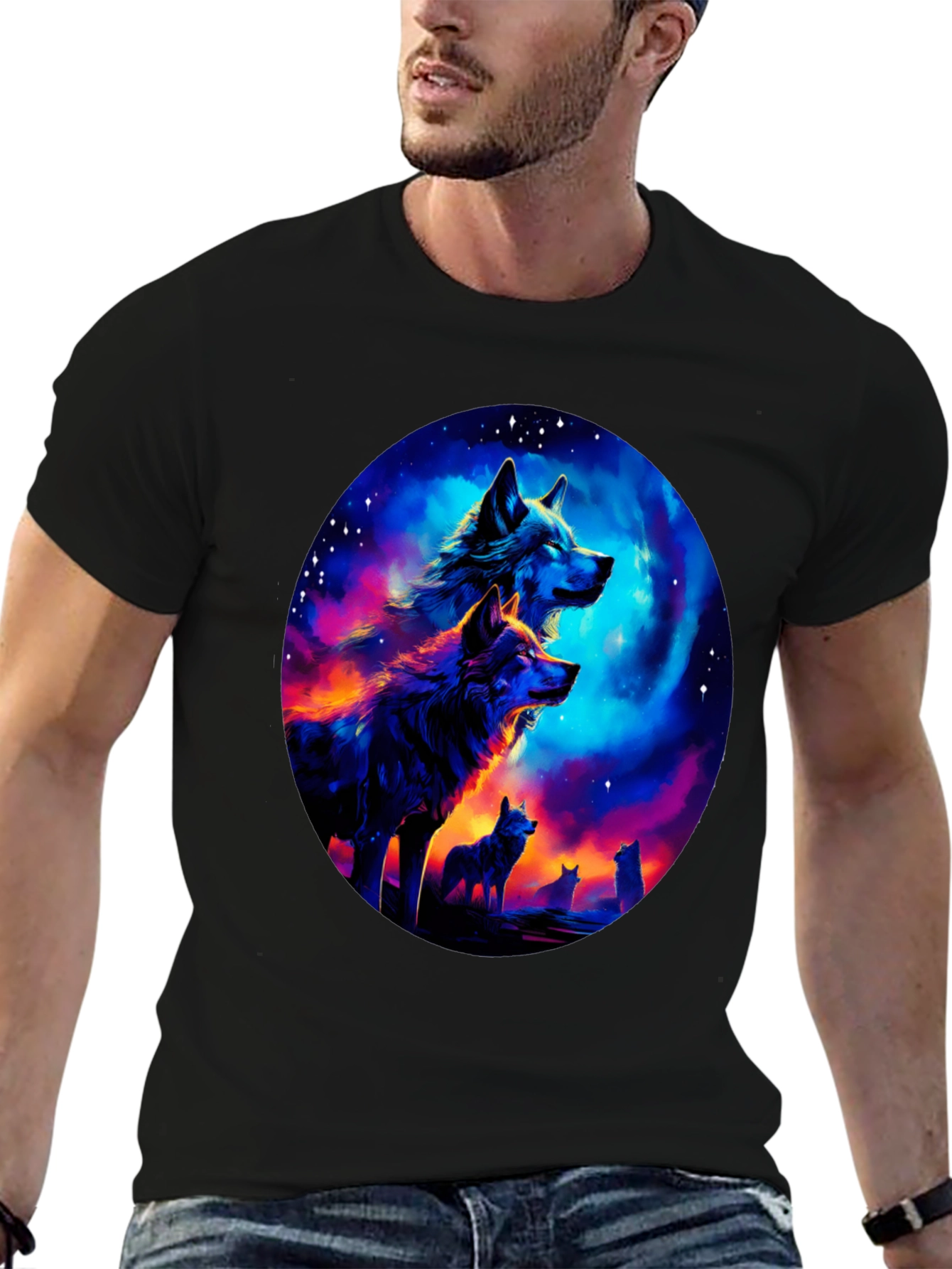 Wolf Pack Galaxy Print Black T-Shirt