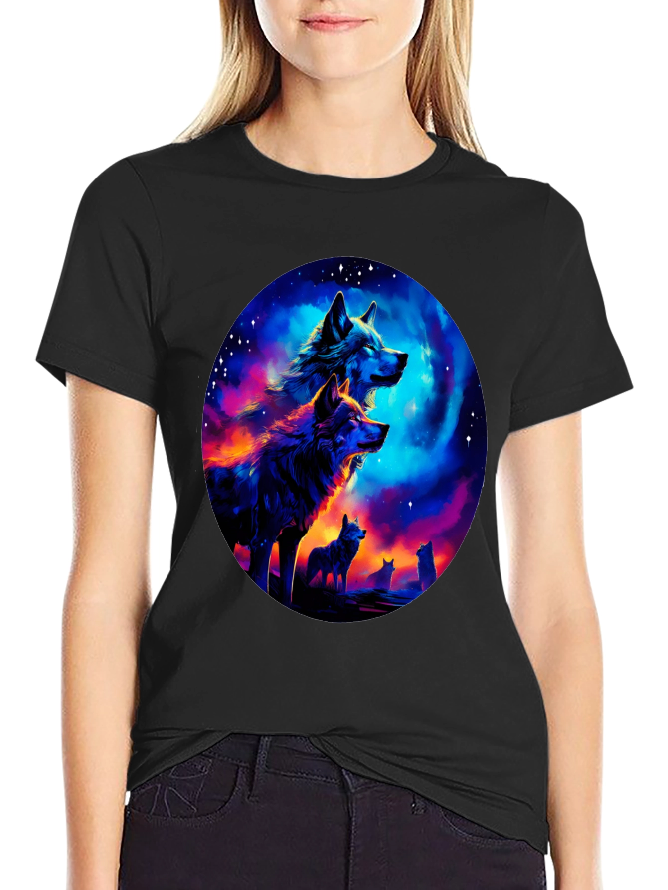 Wolf Pack Galaxy Print Black T-Shirt