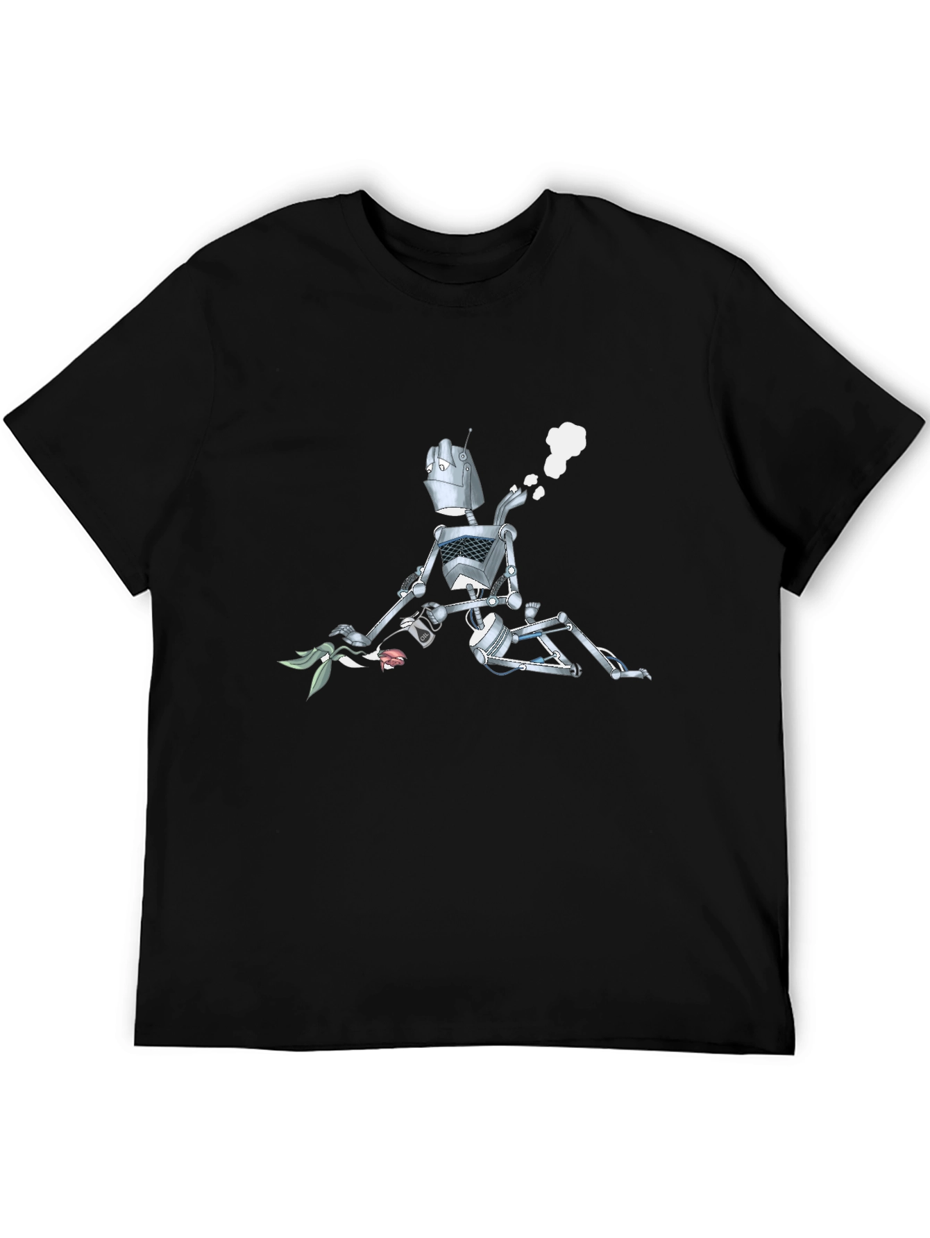 Robot with Flowers Graphic T-Shirt - Black