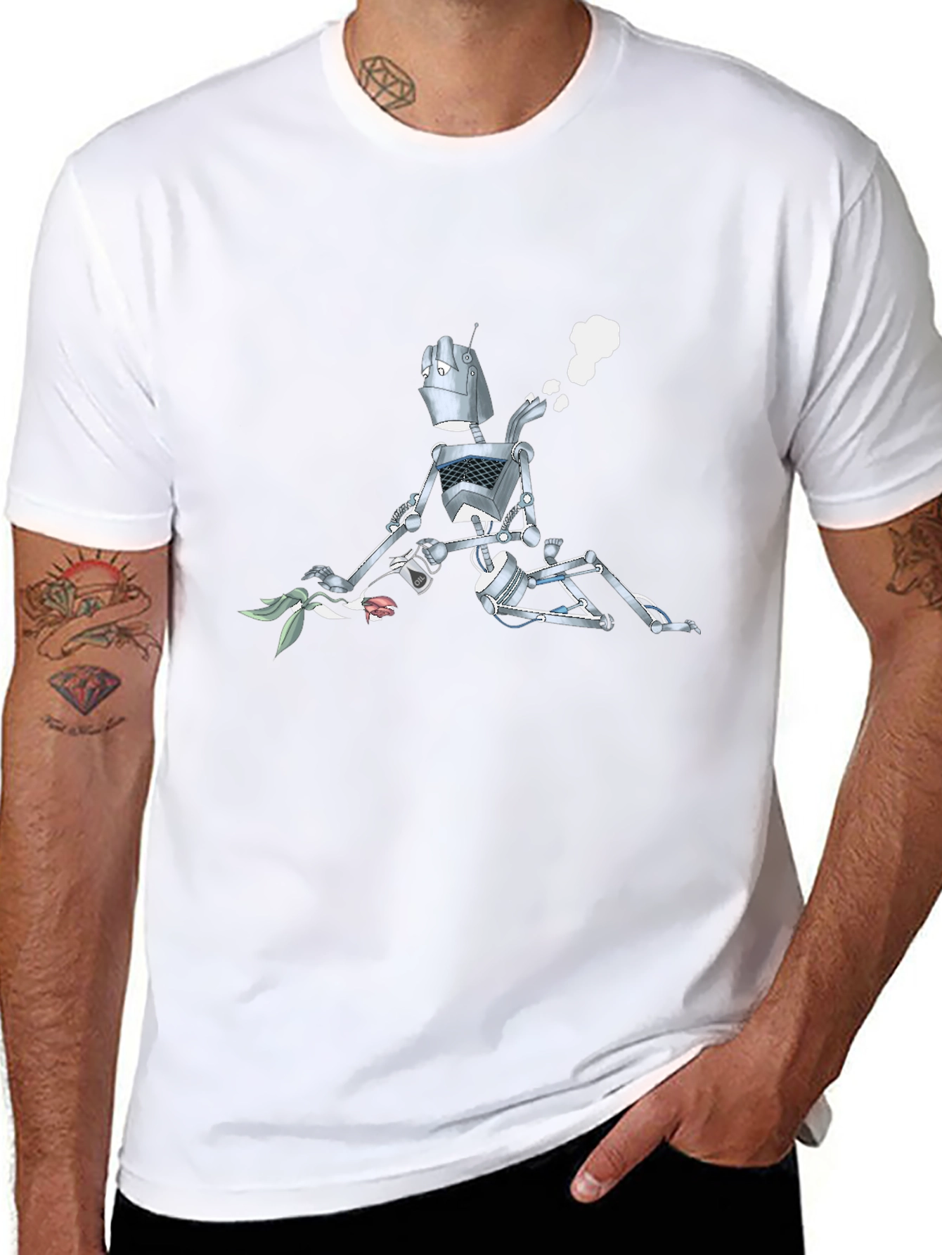 Robot with Flowers Graphic T-Shirt - Black