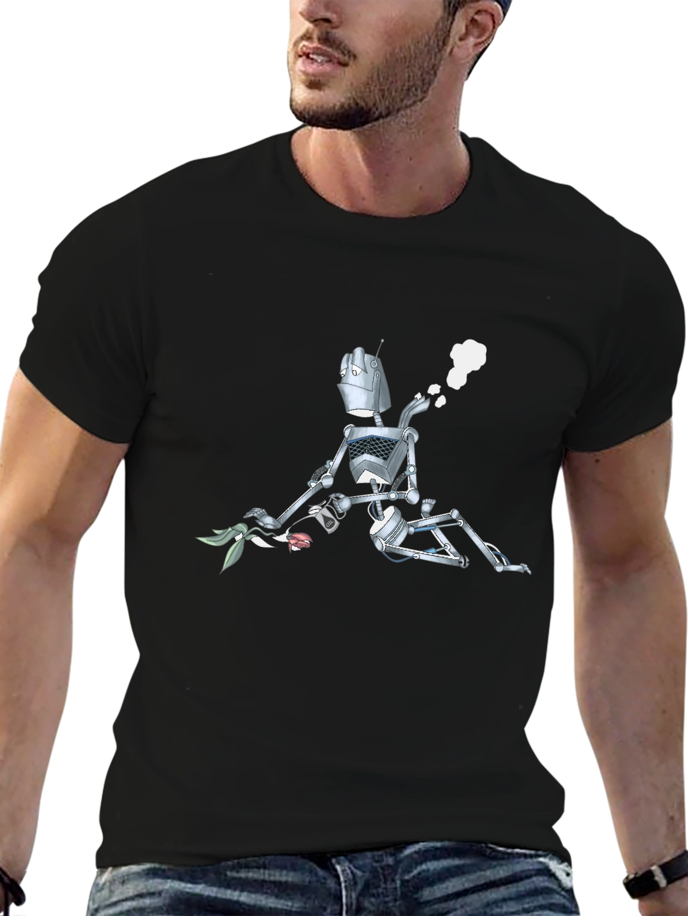 Robot with Flowers Graphic T-Shirt - Black