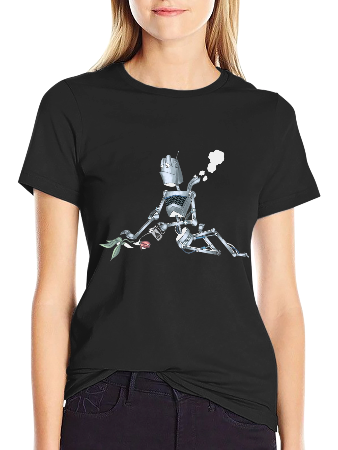 Robot with Flowers Graphic T-Shirt - Black