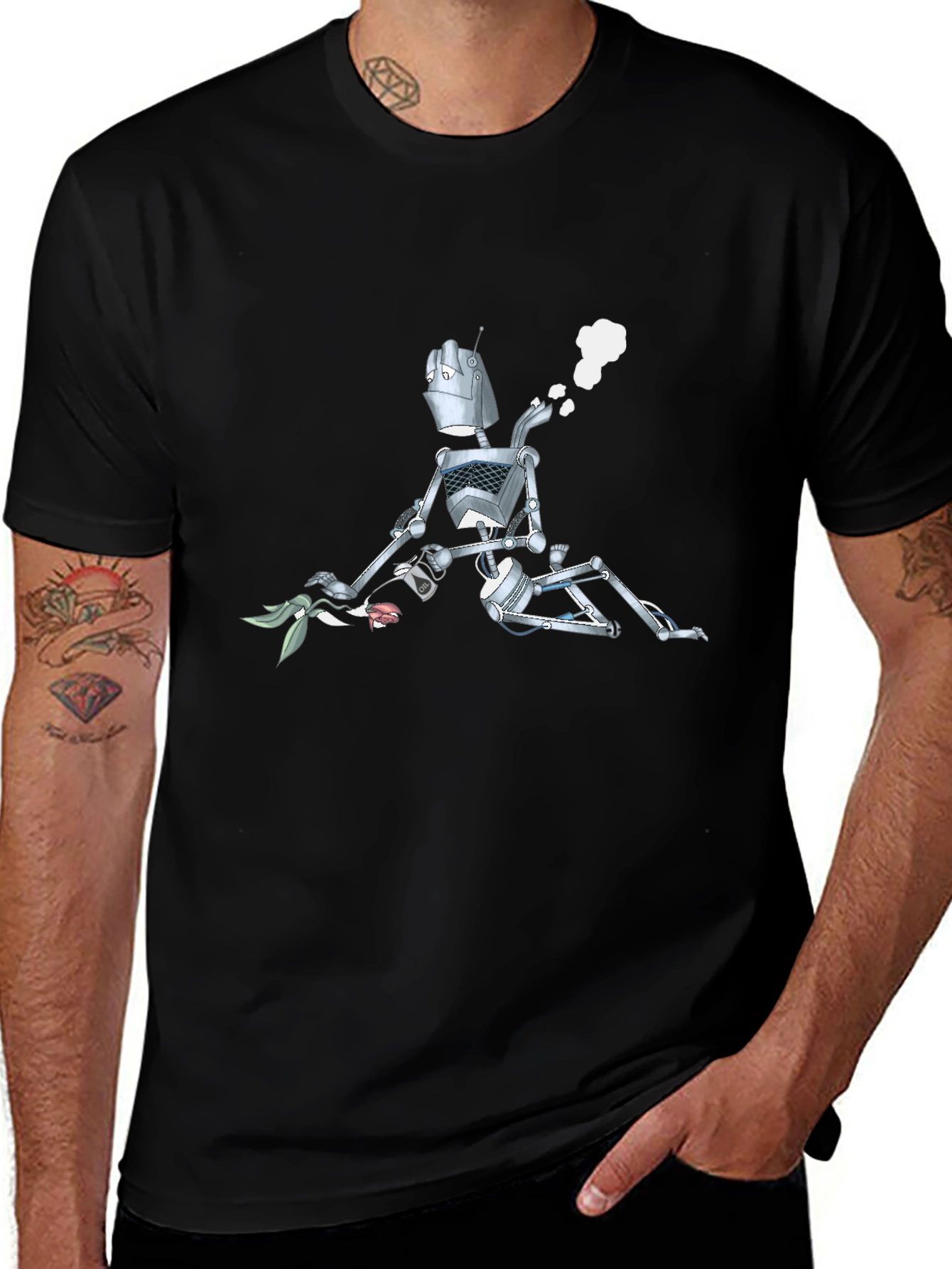 Robot with Flowers Graphic T-Shirt - Black