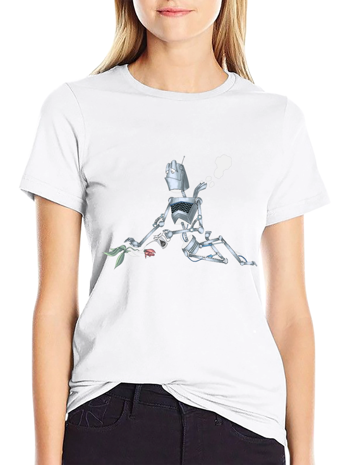 Robot with Flowers Graphic T-Shirt - Black