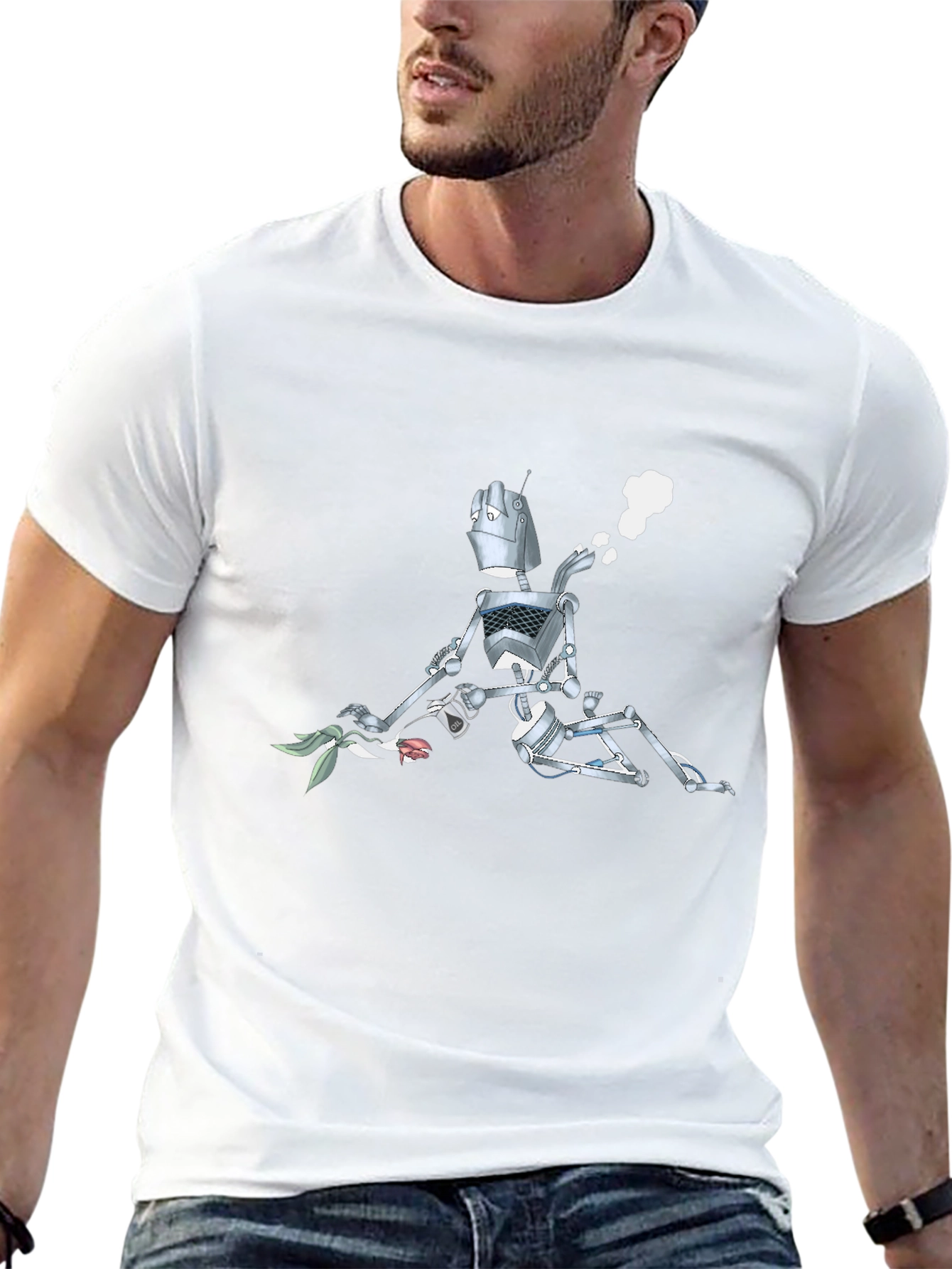 Robot with Flowers Graphic T-Shirt - Black