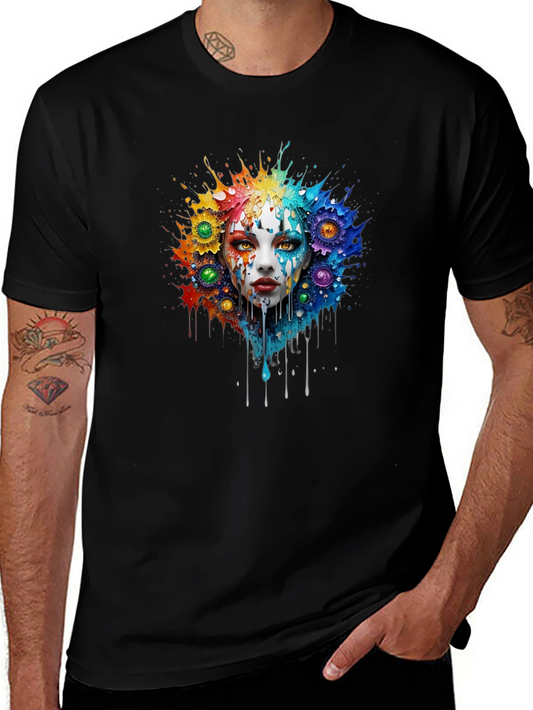 Artistic Colorful Face Graphic Tee - Black