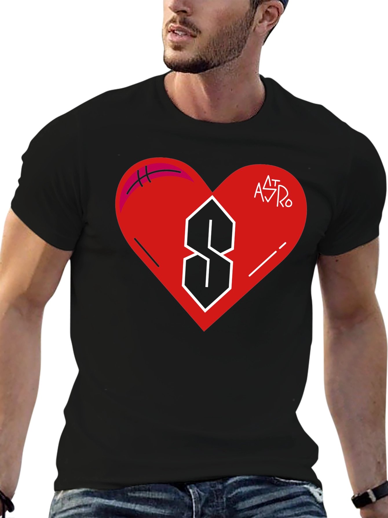 Mens Black T-Shirt with Heart and Letter Graphic
