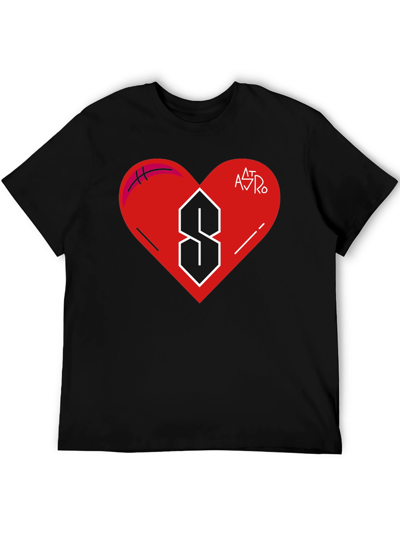 Mens Black T-Shirt with Heart and Letter Graphic